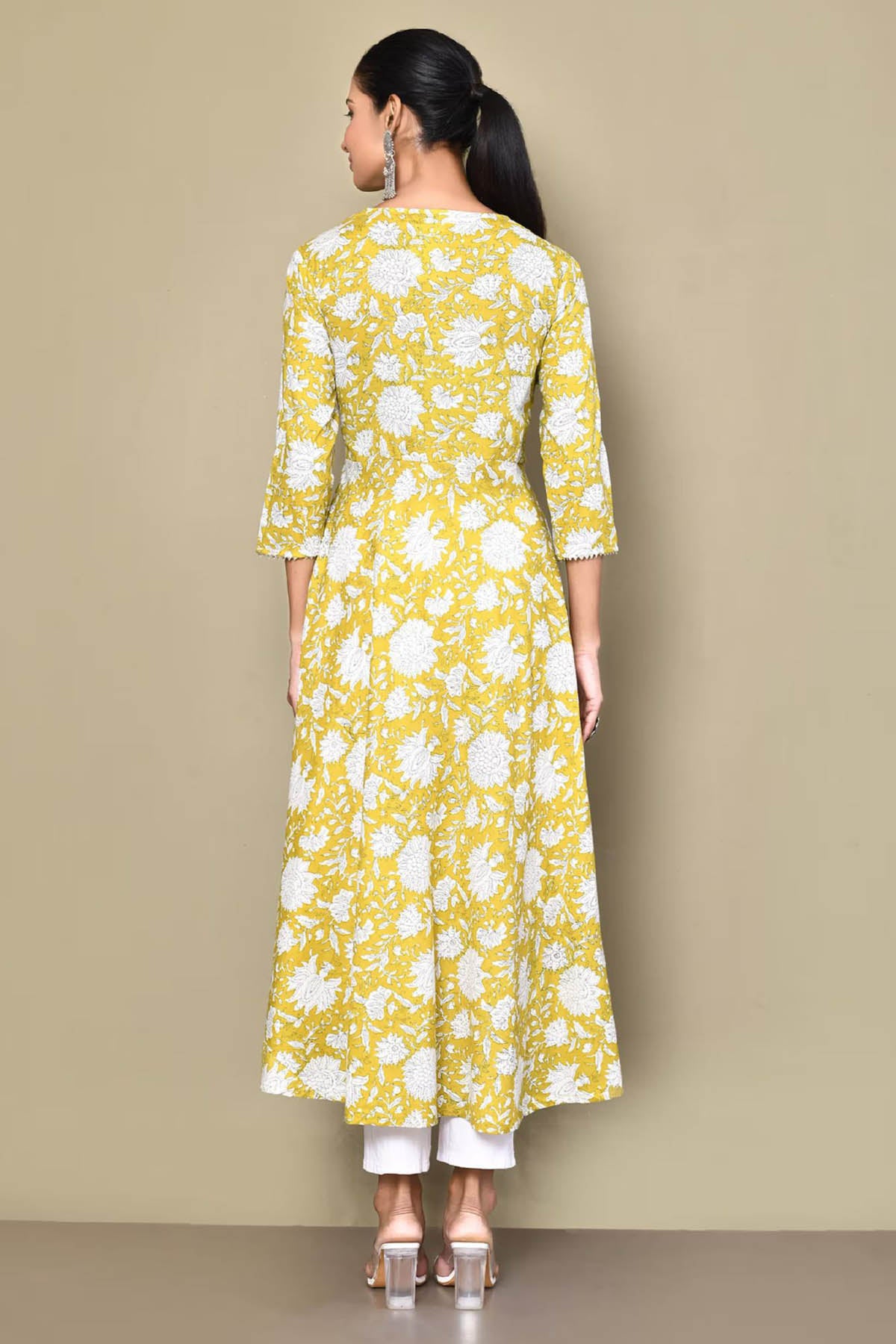 Yellow Floral Print Cotton Kurta