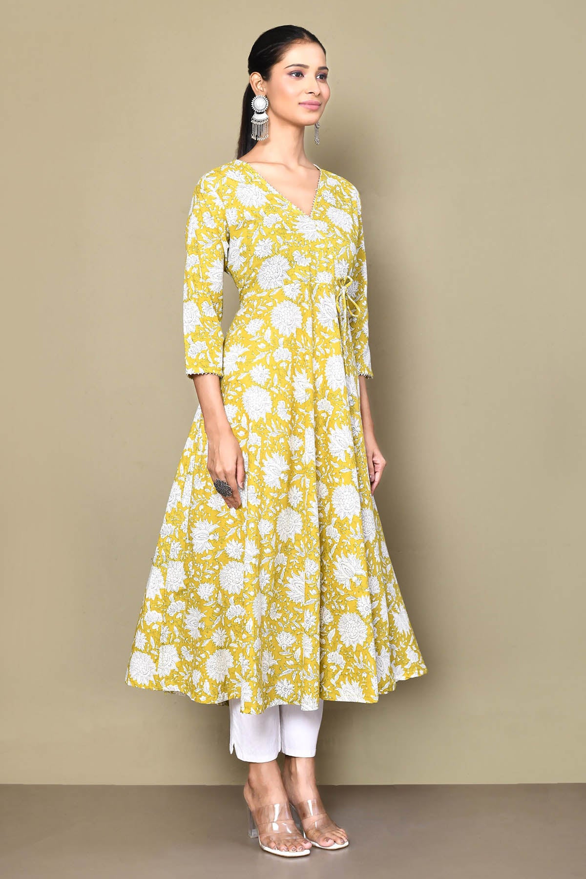Yellow Floral Print Cotton Kurta