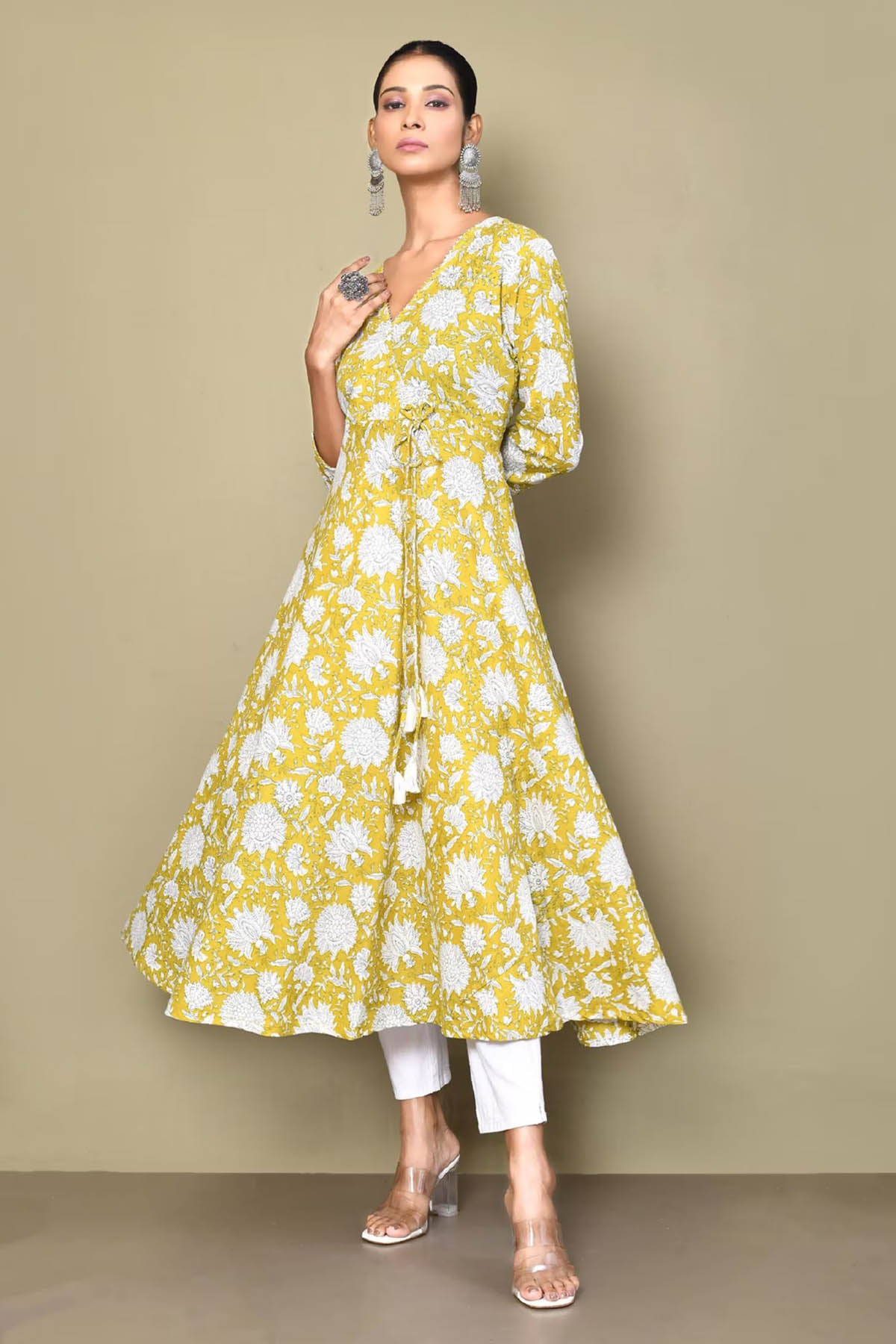 Yellow Floral Print Cotton Kurta