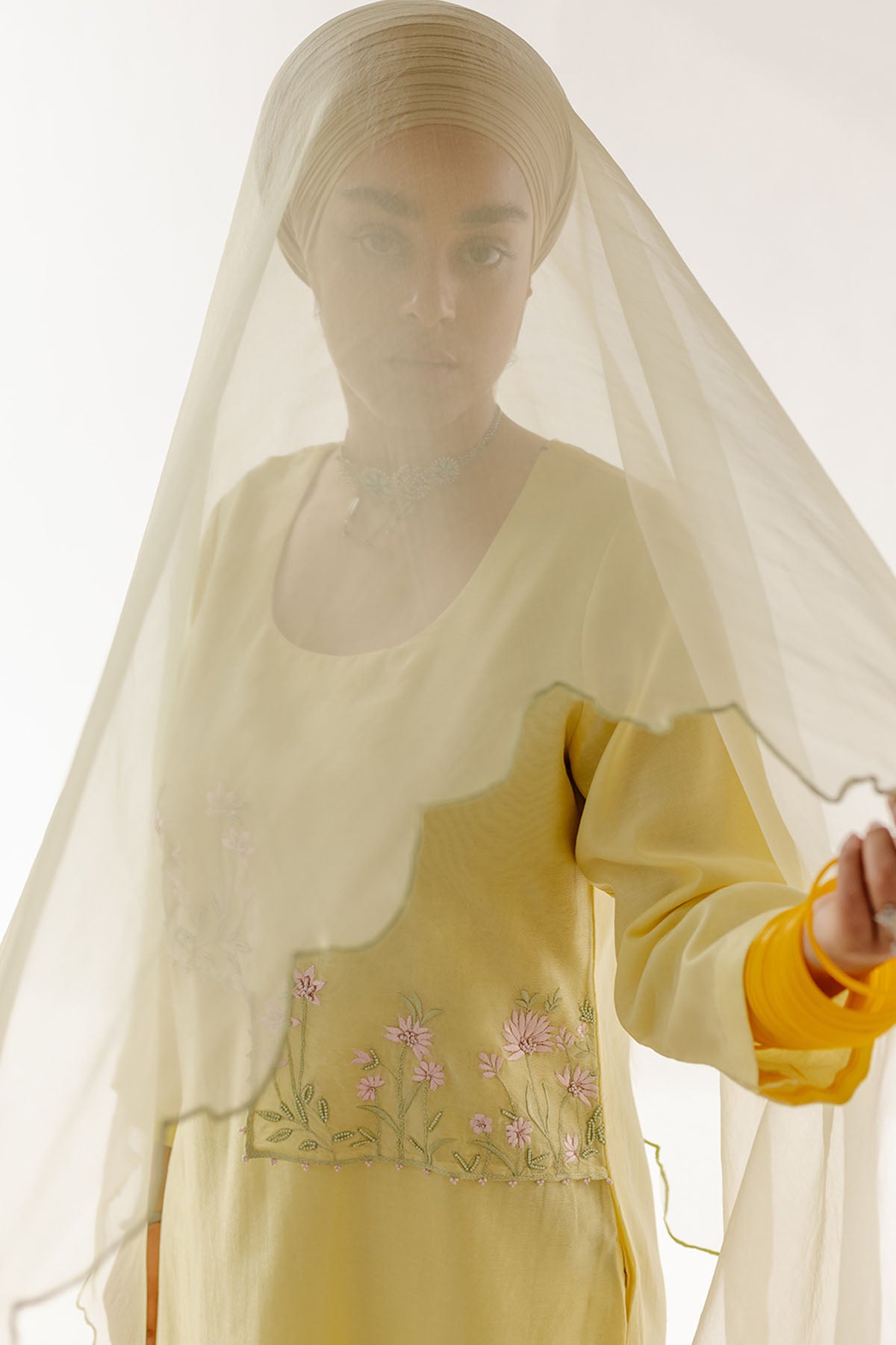 Yellow Floral Resham Kurta Set