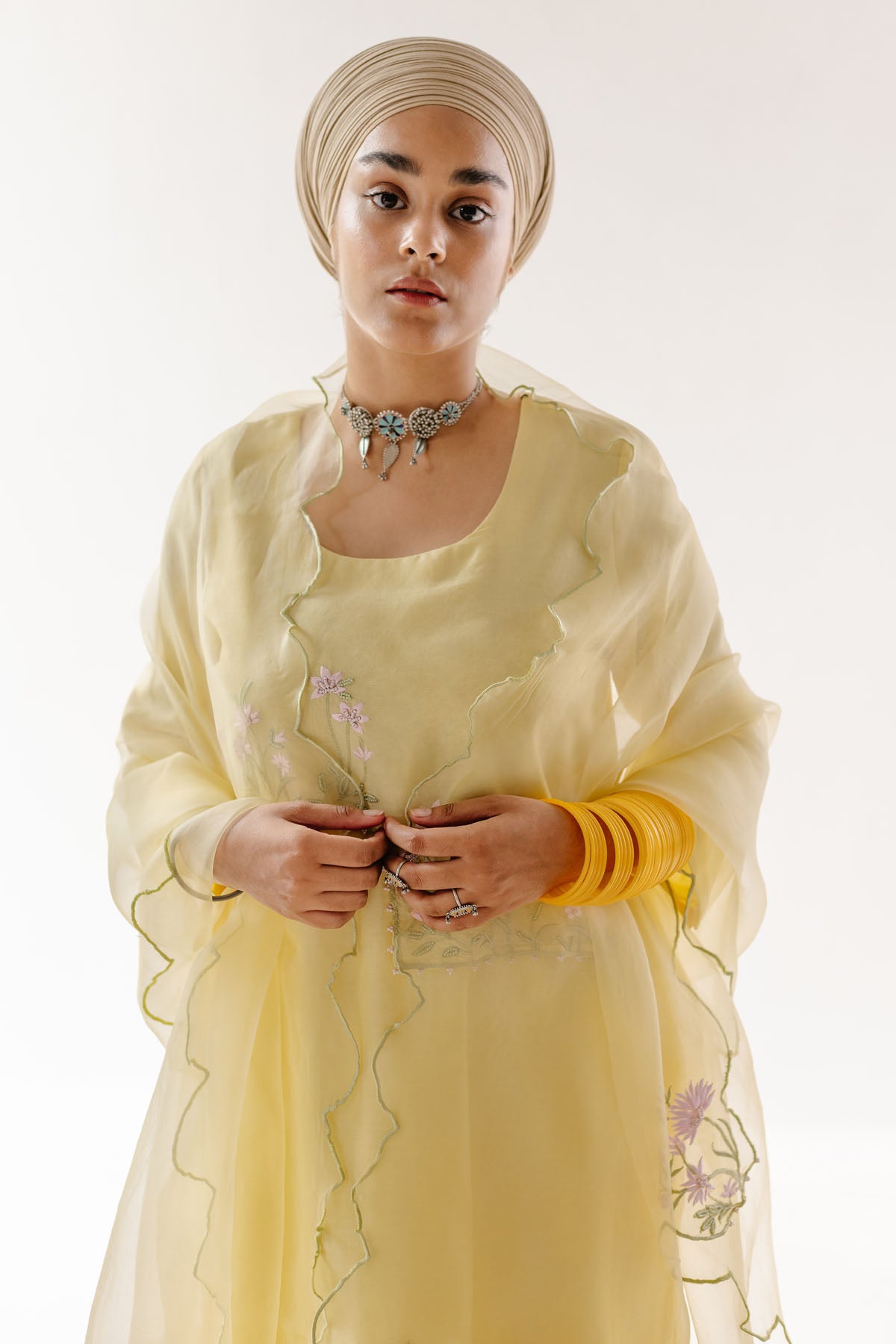 Yellow Floral Resham Kurta Set