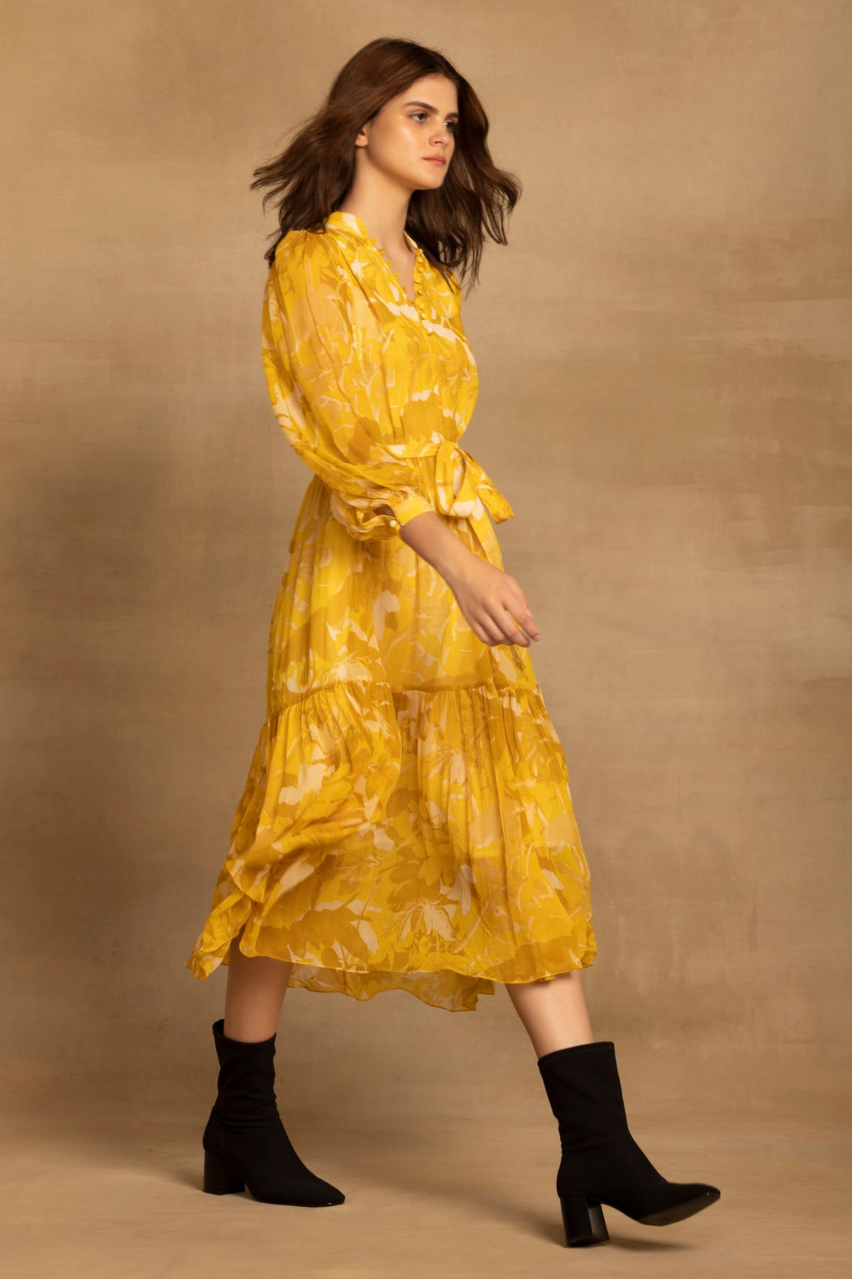 Yellow Floral Tiered Midi Dress