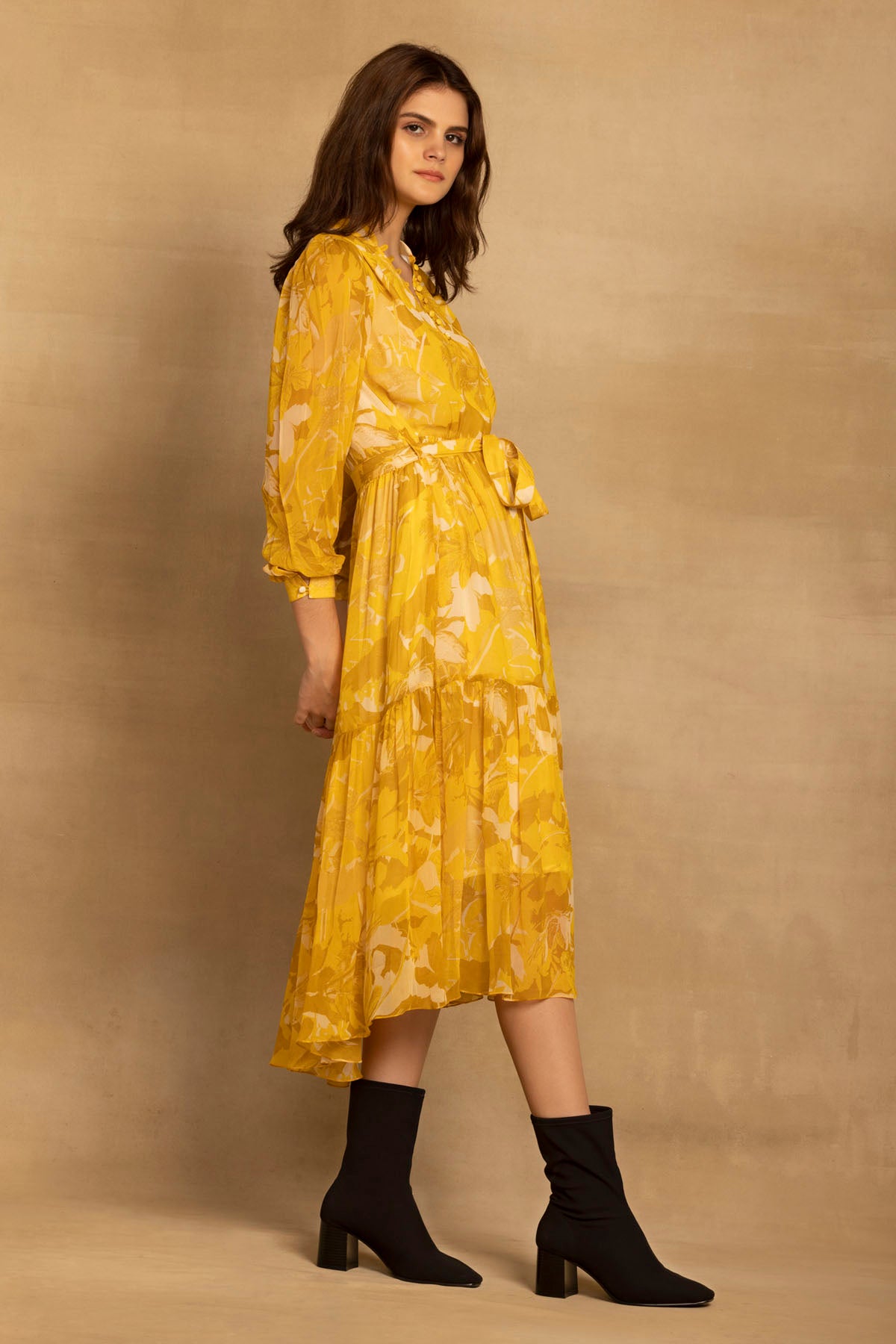 Yellow Floral Tiered Midi Dress