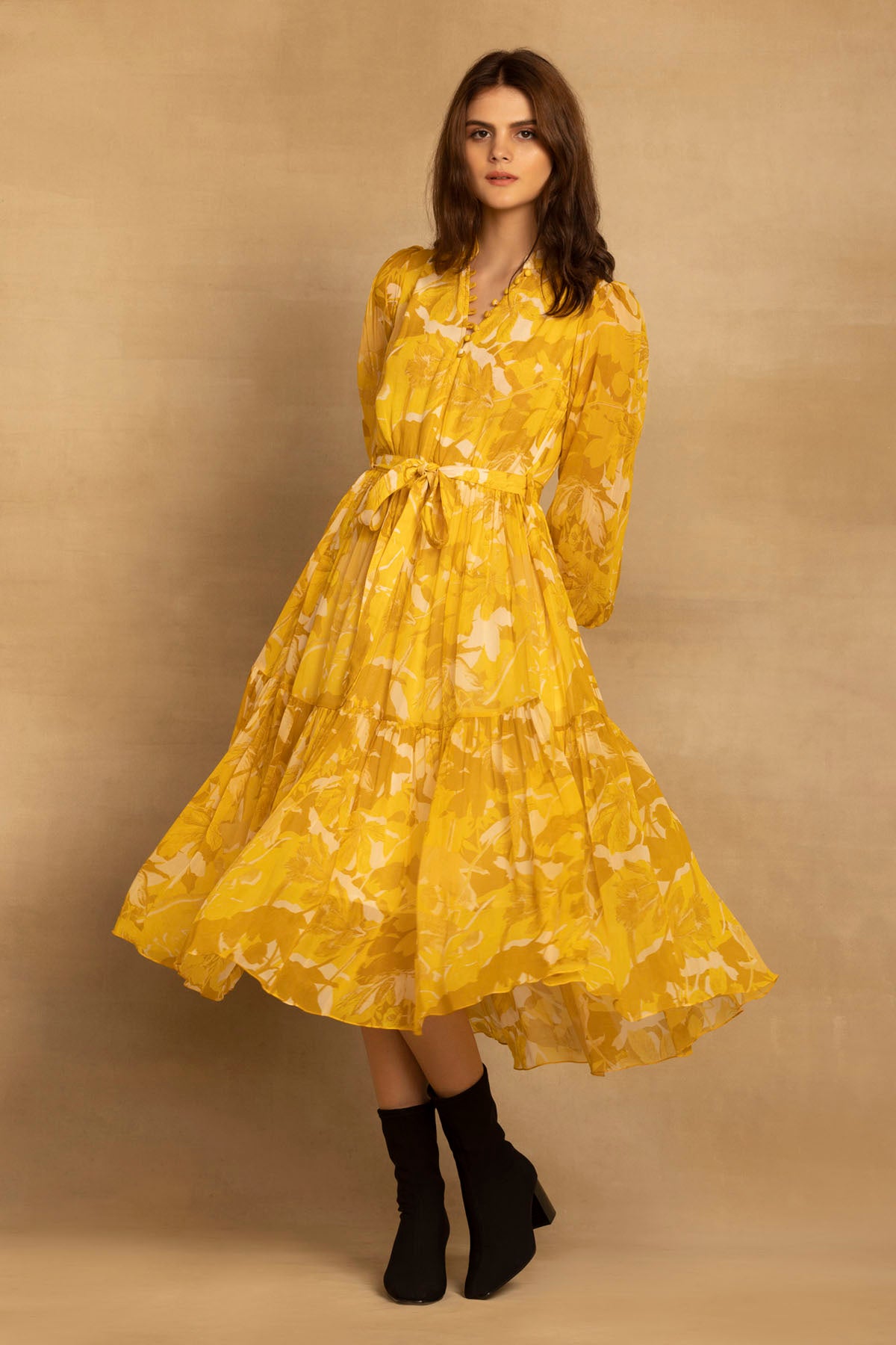 Yellow Floral Tiered Midi Dress