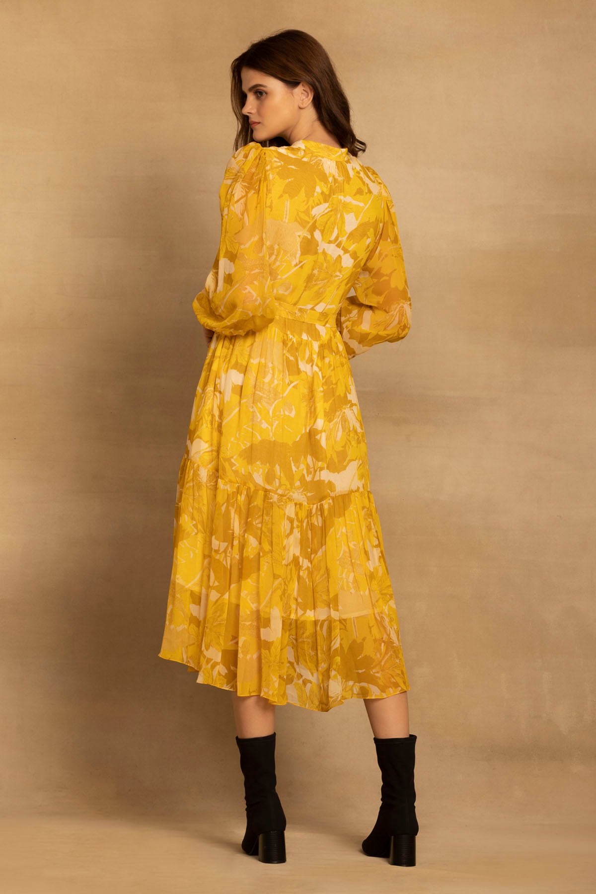 Yellow Floral Tiered Midi Dress