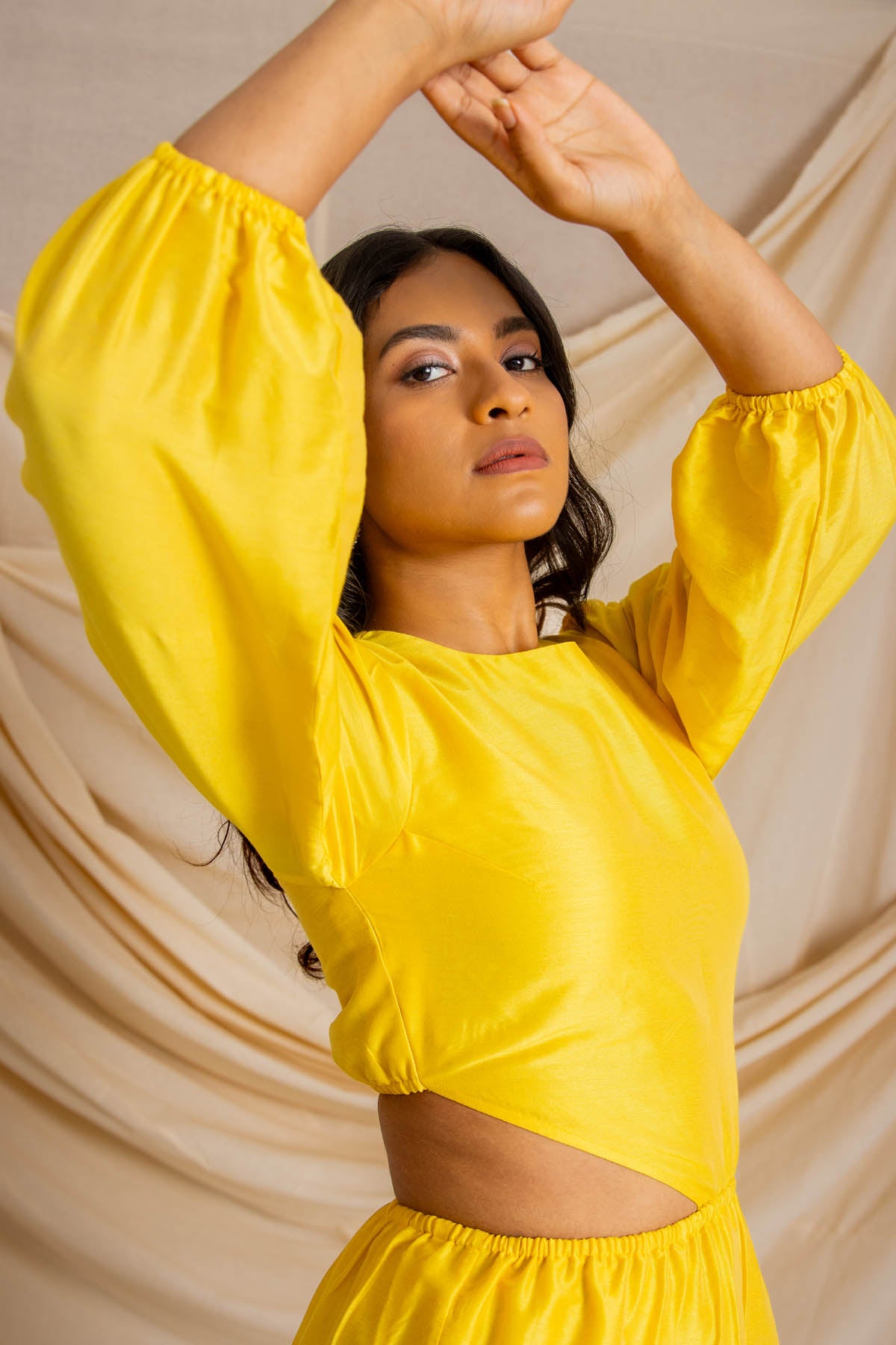 Yellow Gathered Cut Out Dress