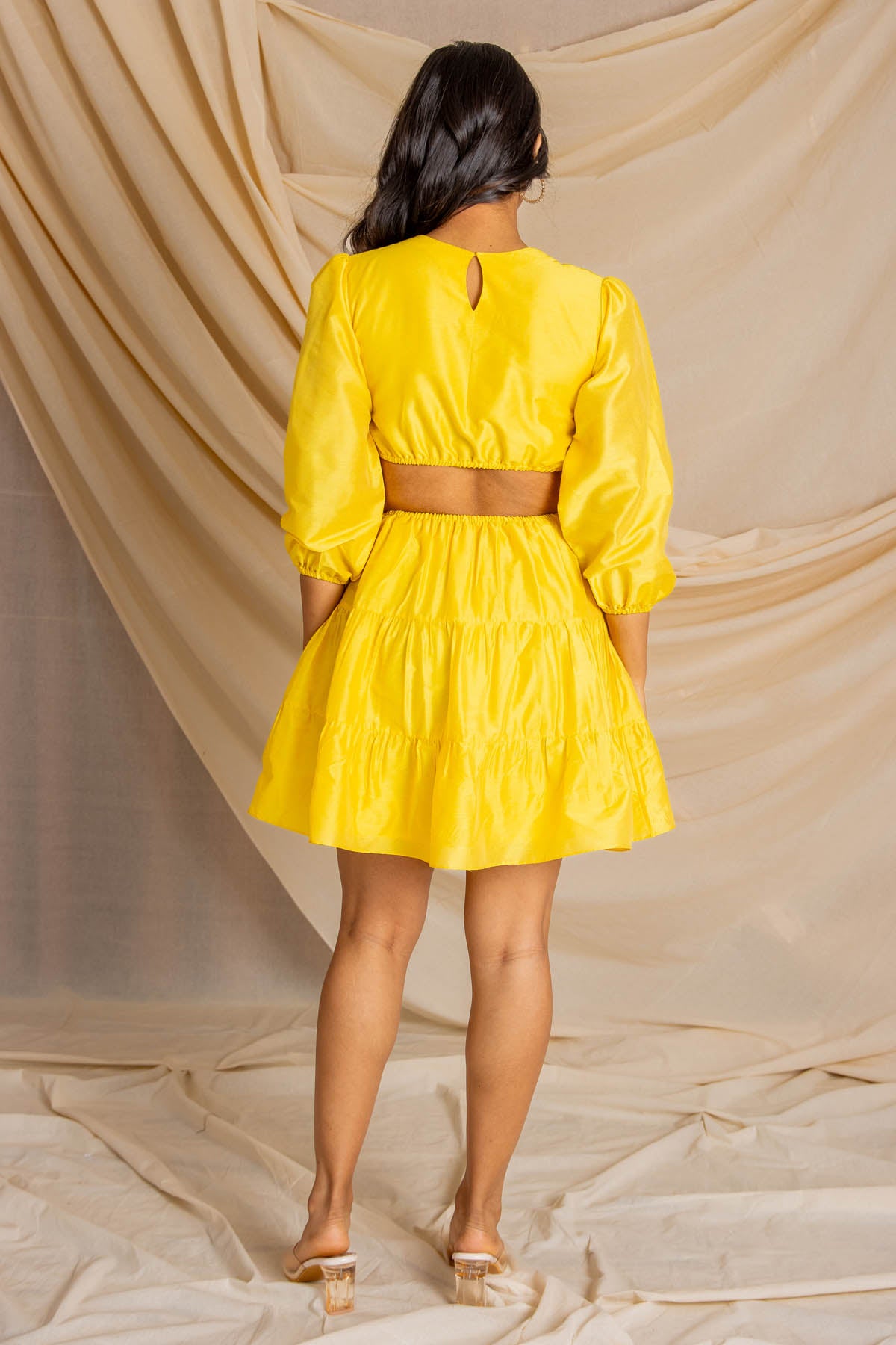Yellow Gathered Cut Out Dress