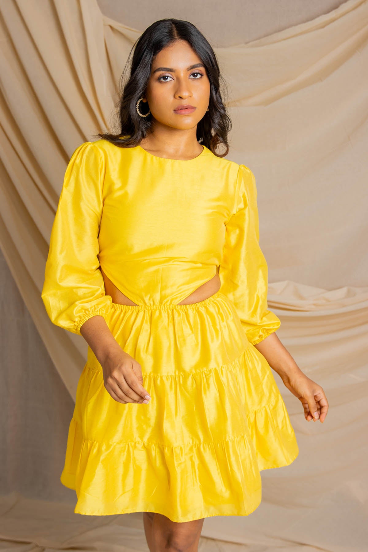 Yellow Gathered Cut Out Dress