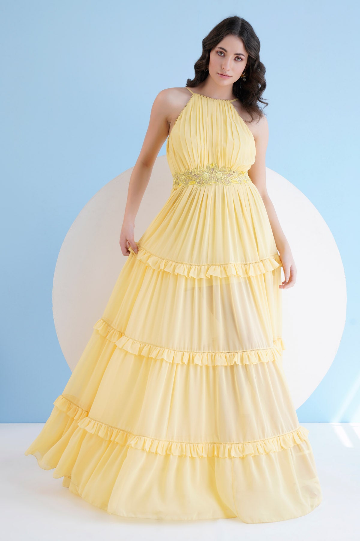 Yellow Halter Long Frill Dress