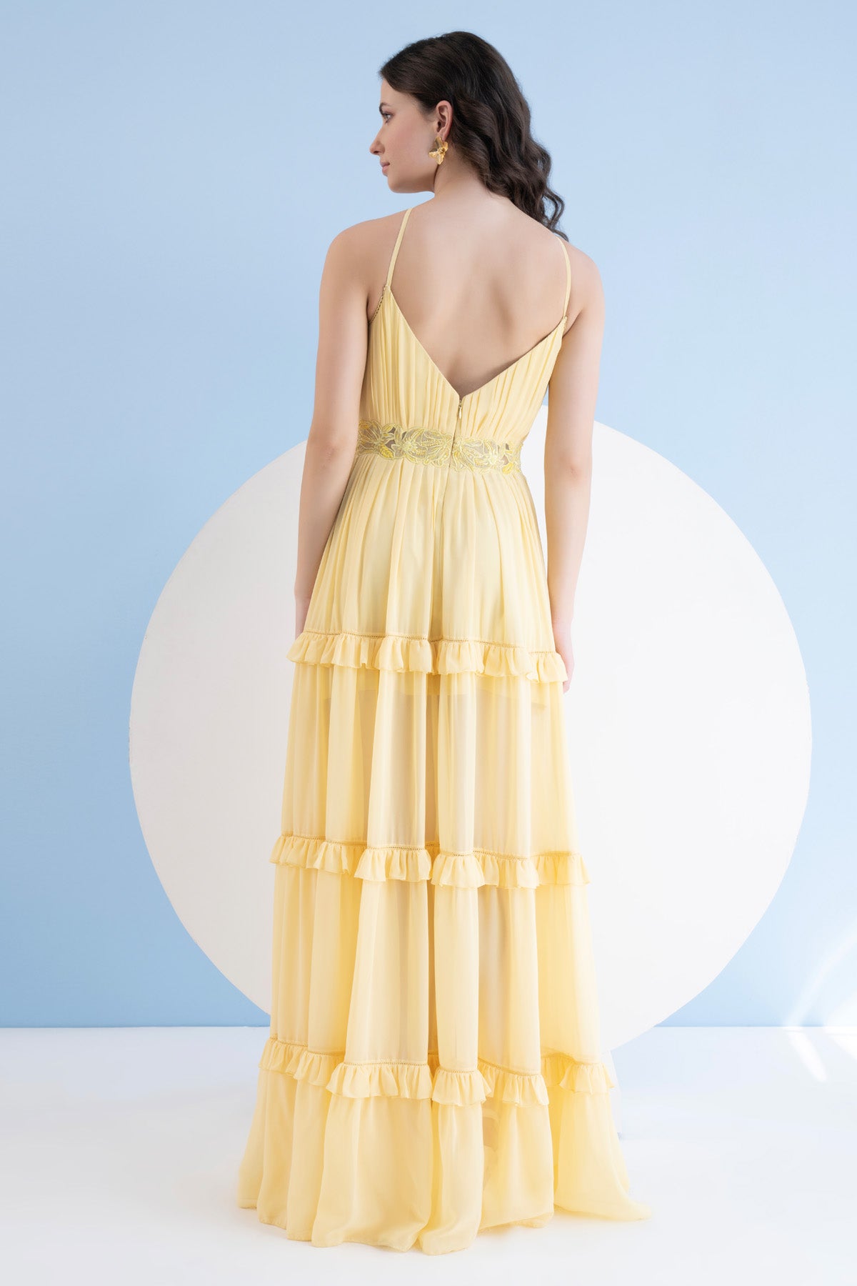 Yellow Halter Long Frill Dress
