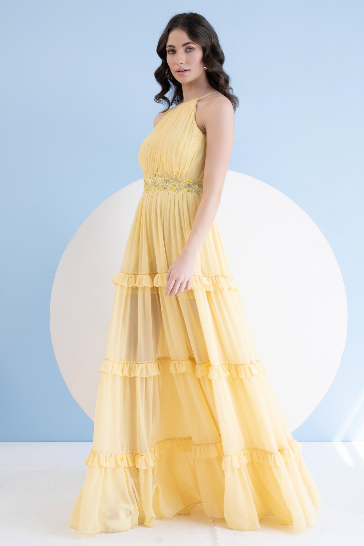 Yellow Halter Long Frill Dress