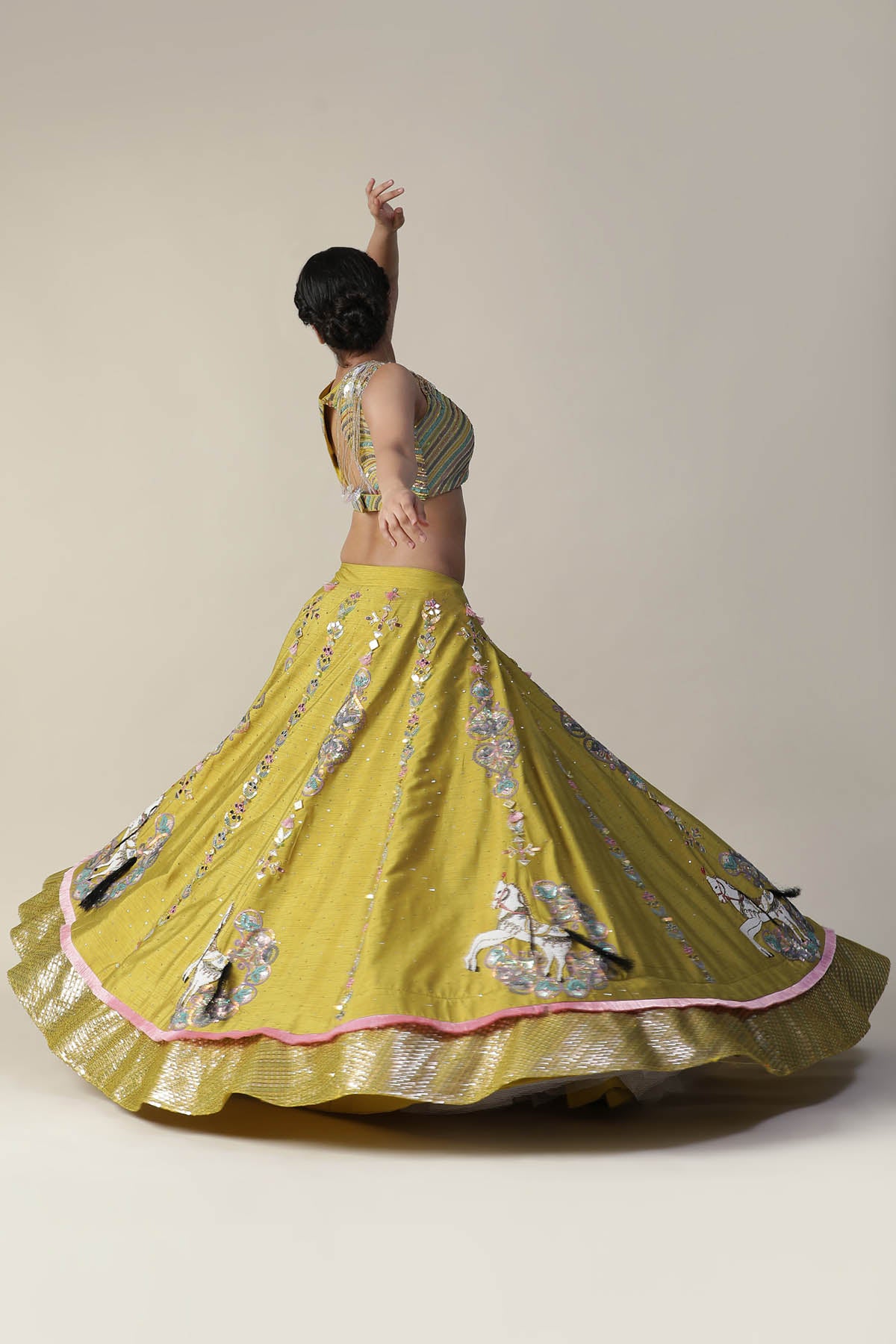 Yellow Horse Motif Lehenga Set