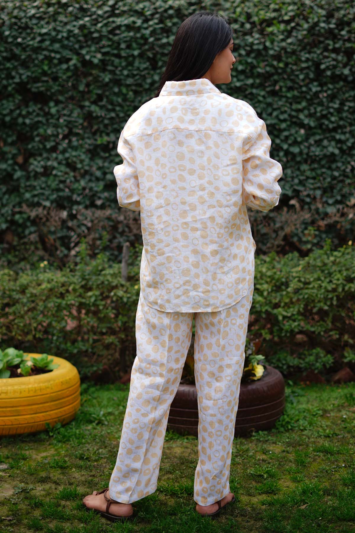 Yellow Linen Dot Print Pants