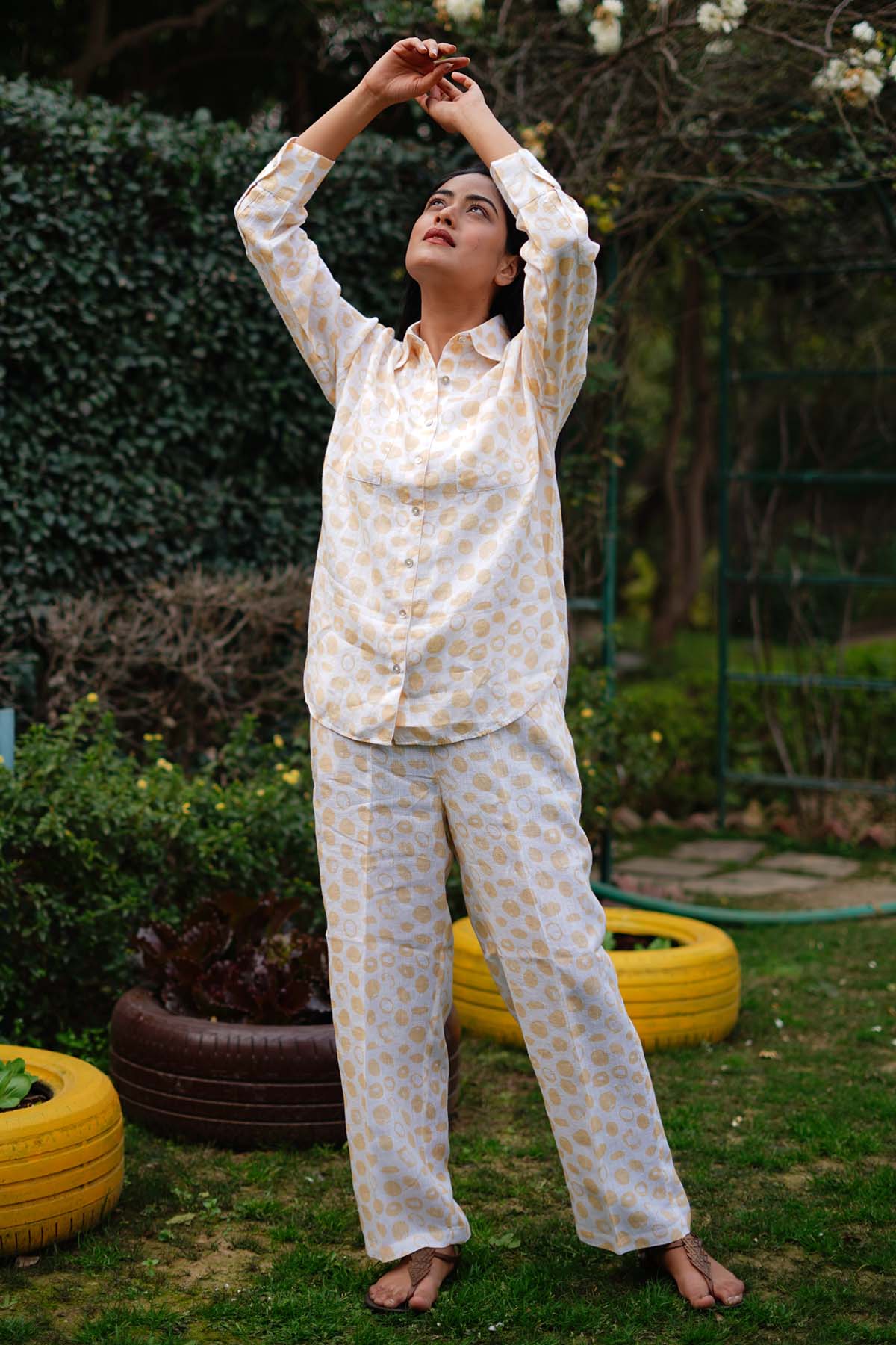 Yellow Linen Dot Print Pants