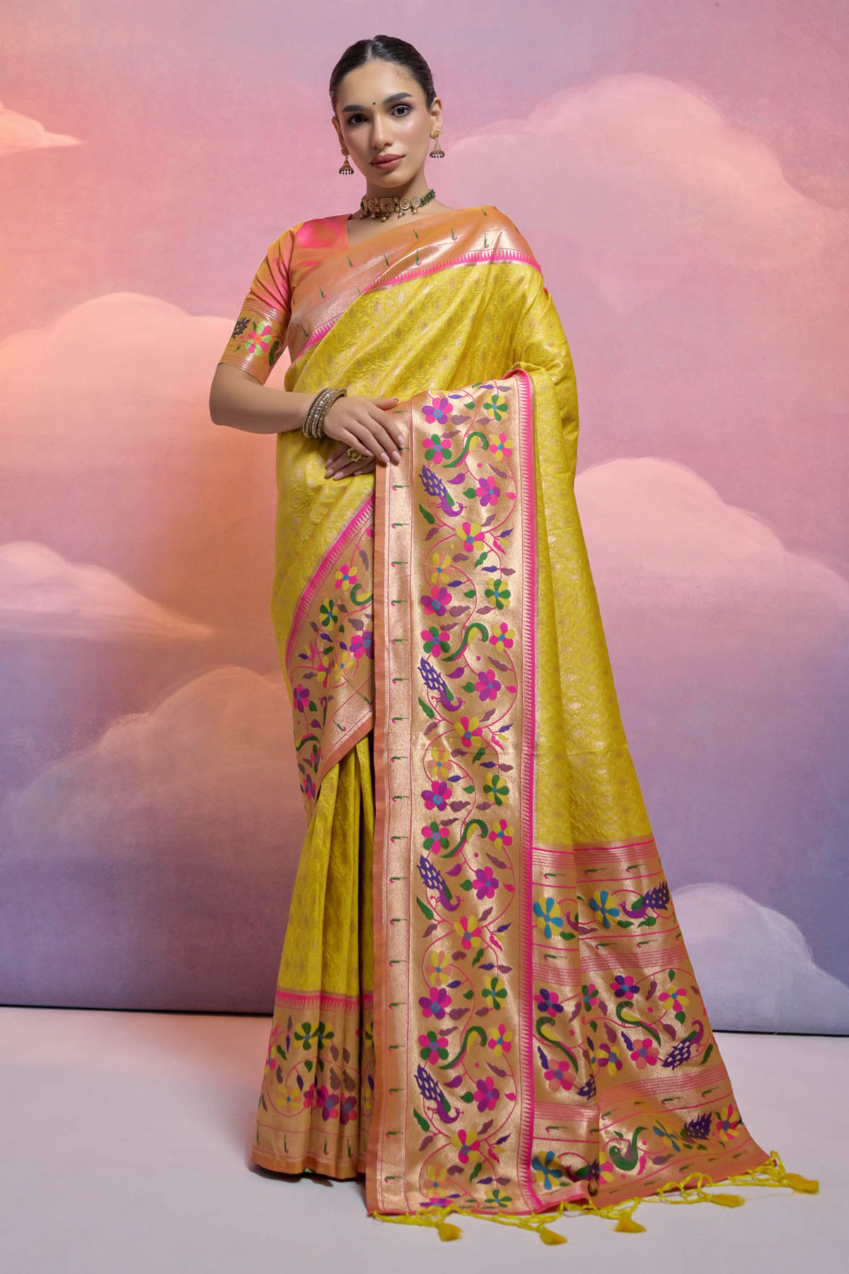 Yellow Meenakari Zari Silk Saree