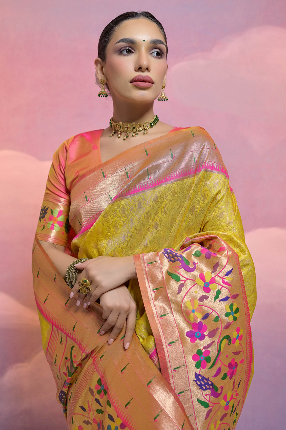 Yellow Meenakari Zari Silk Saree