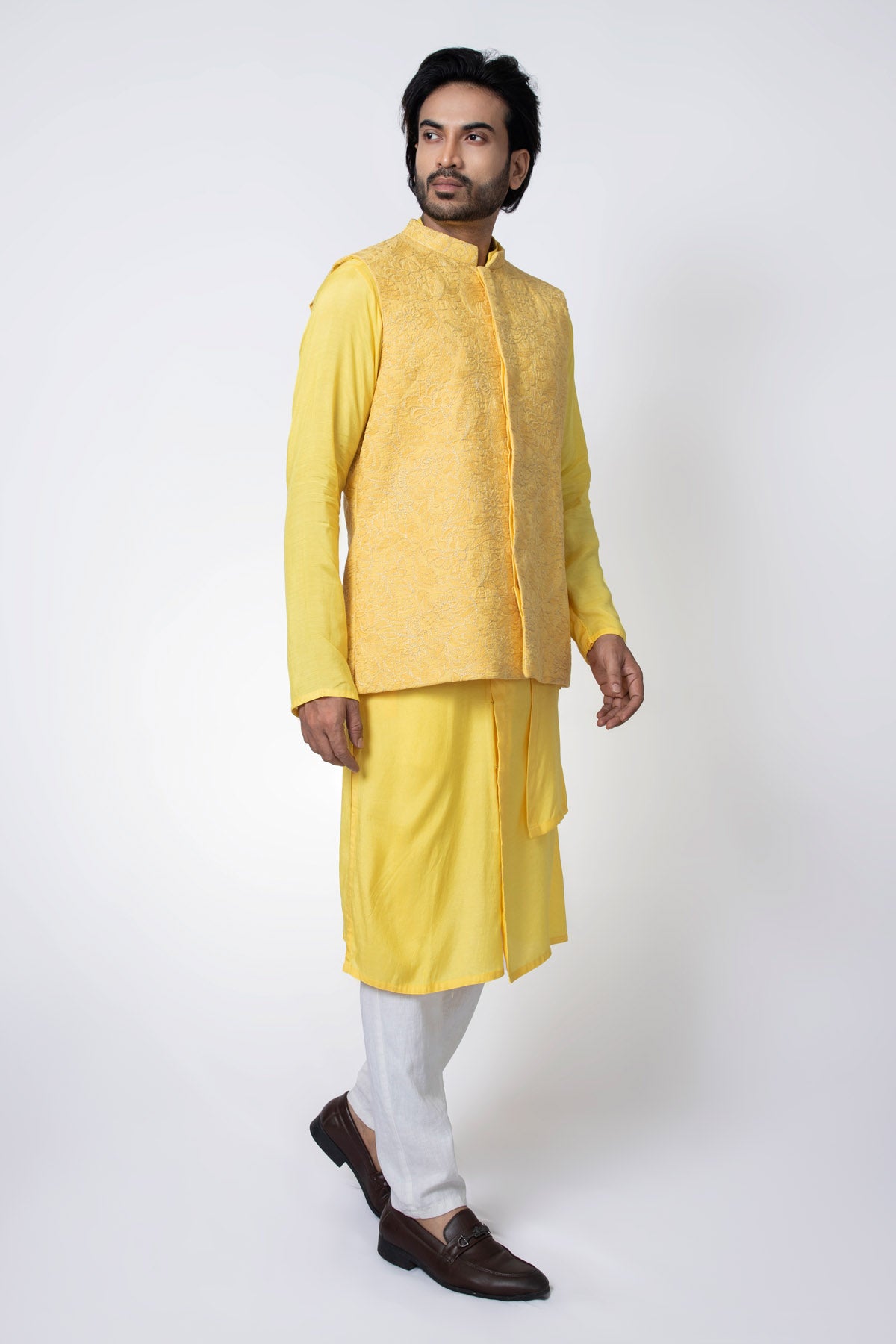 Yellow Muslin kurta & Bundi Set