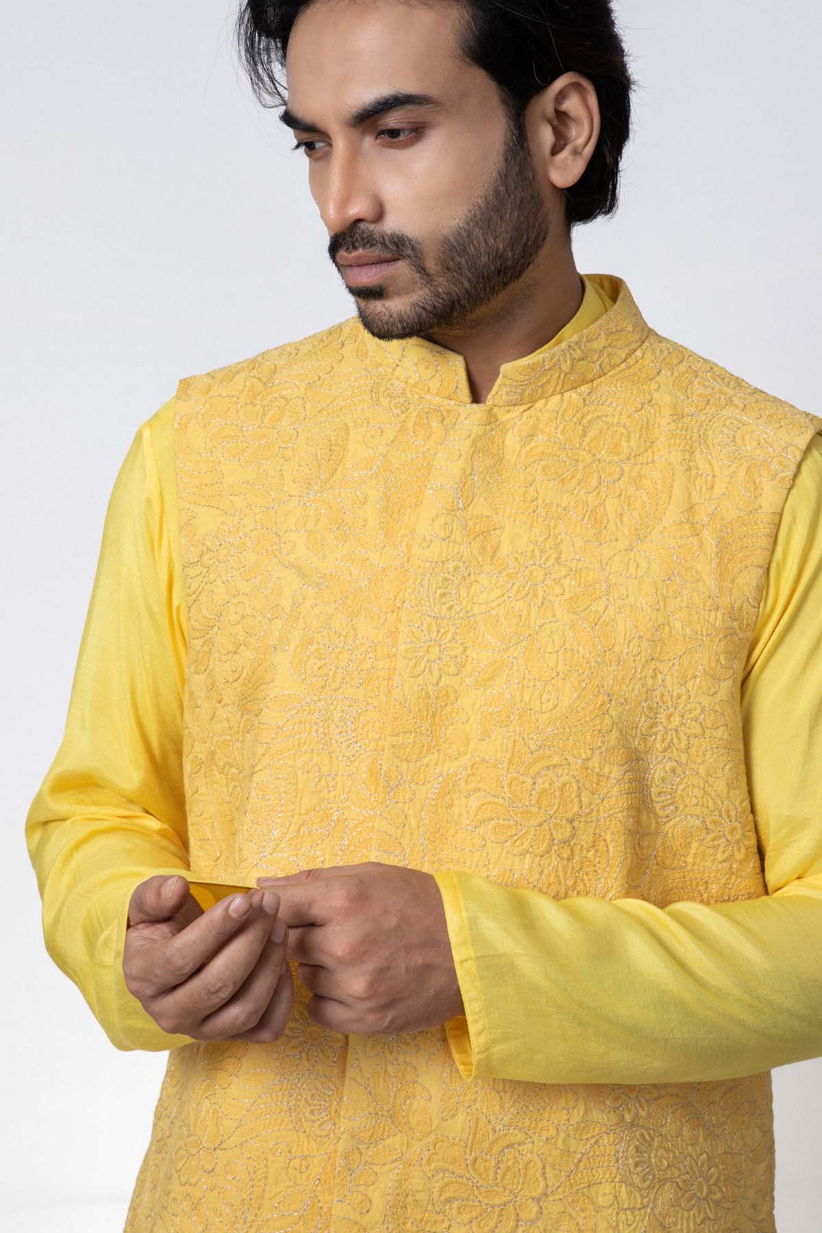 Yellow Muslin kurta & Bundi Set