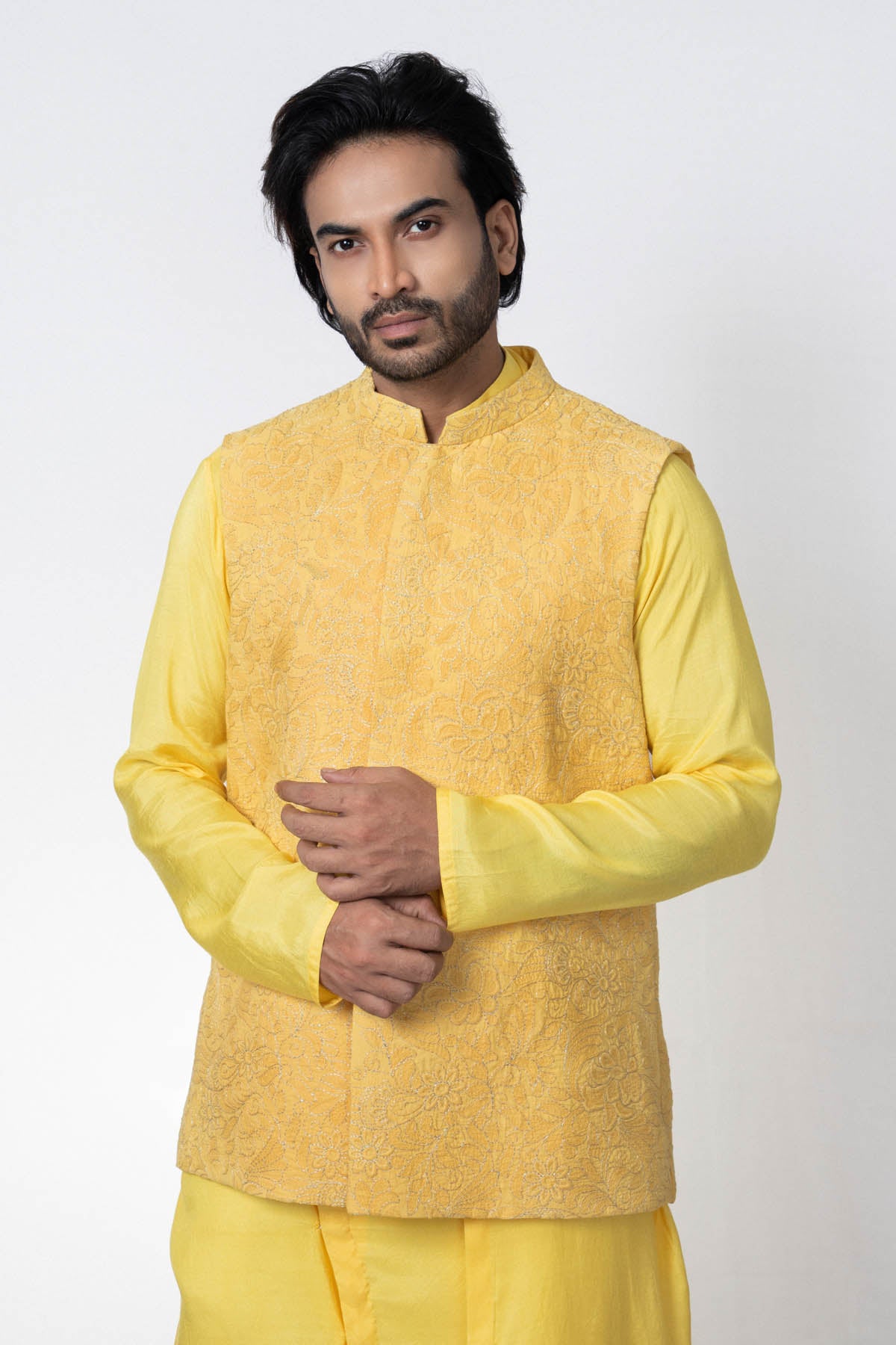 Yellow Muslin kurta & Bundi Set