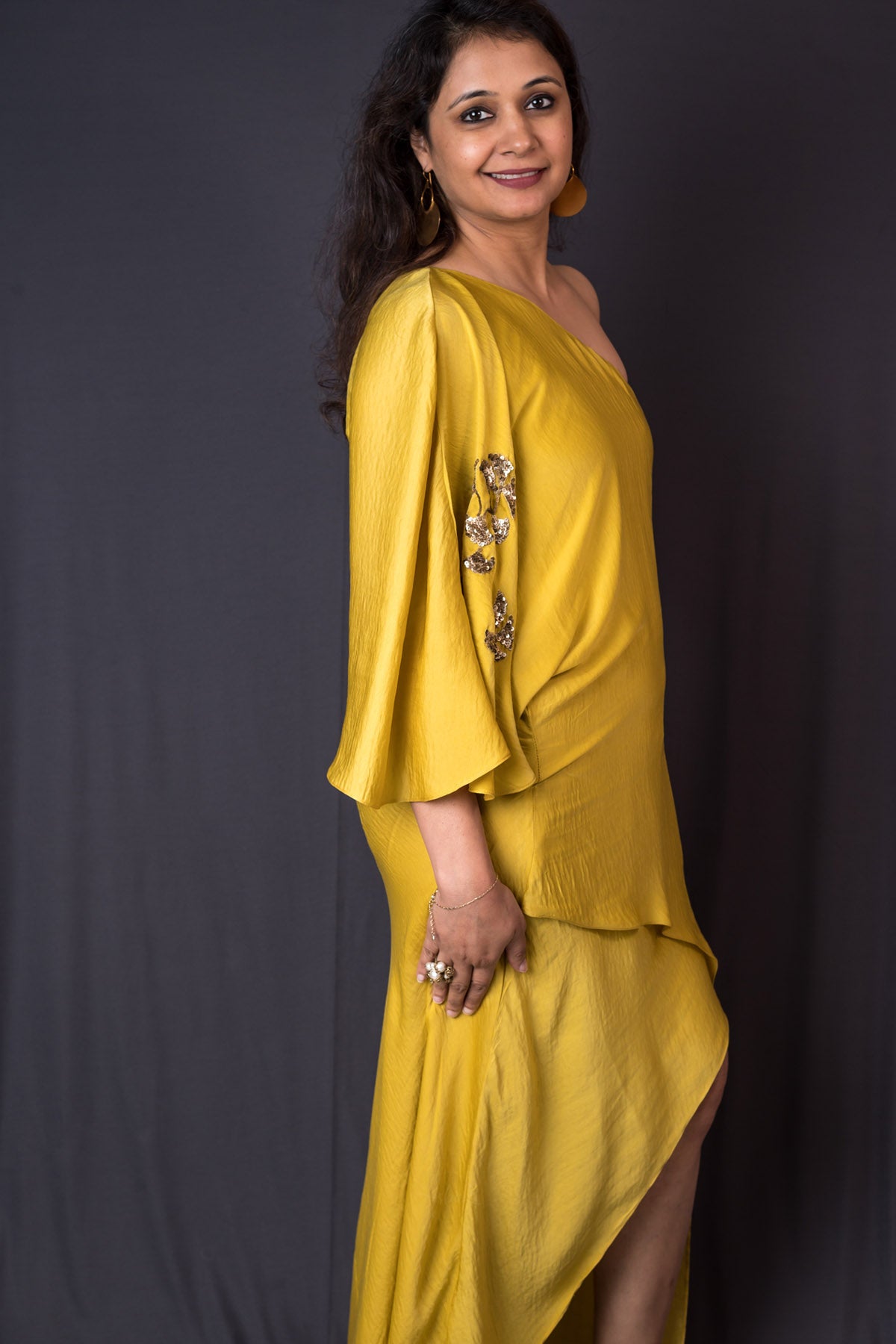 Yellow One Shoulder Silk Dress