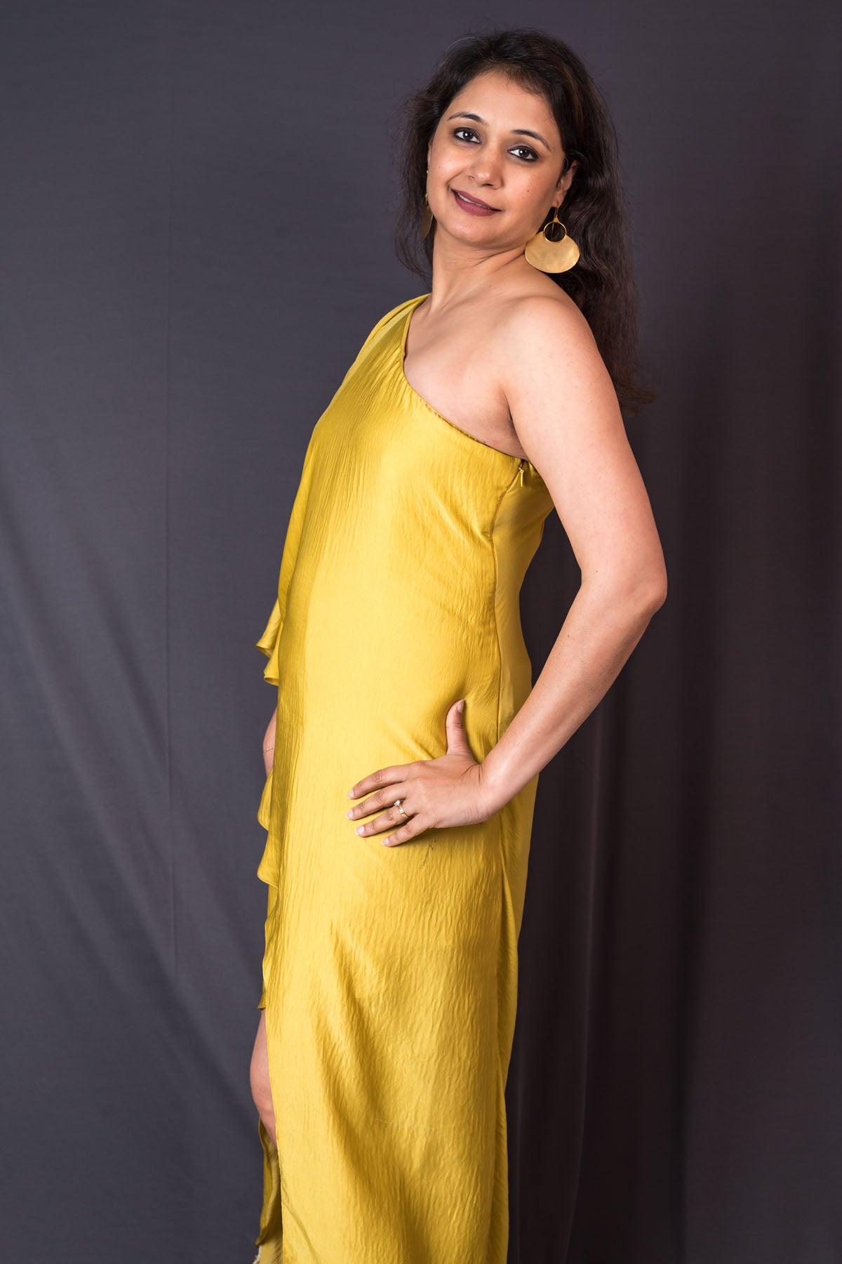 Yellow One Shoulder Silk Dress
