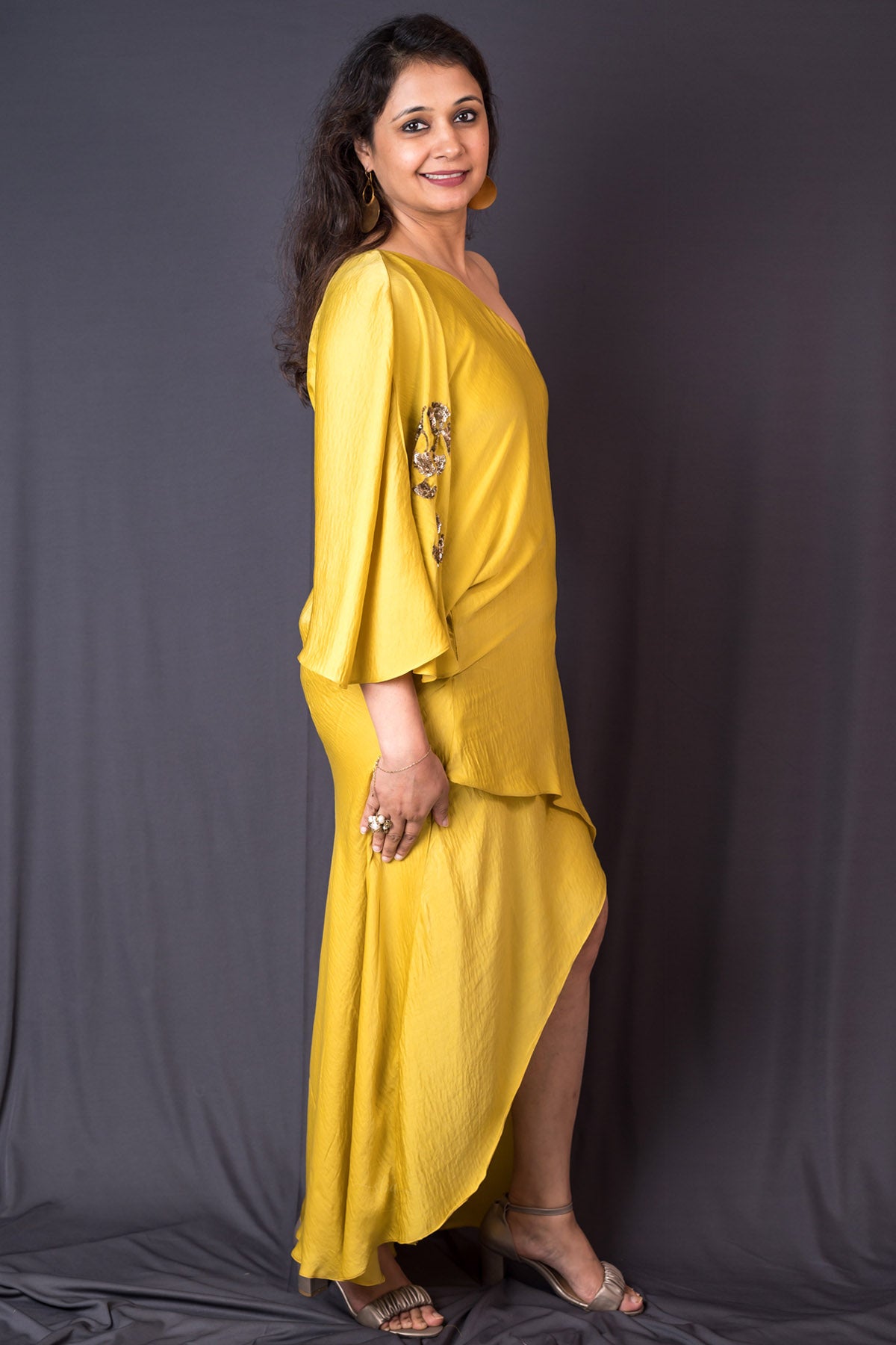 Yellow One Shoulder Silk Dress