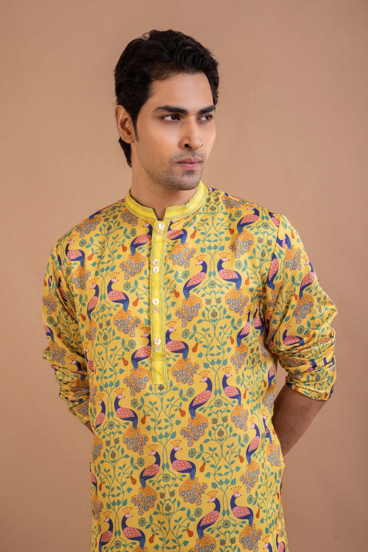 Yellow Peacock Print Kurta Set
