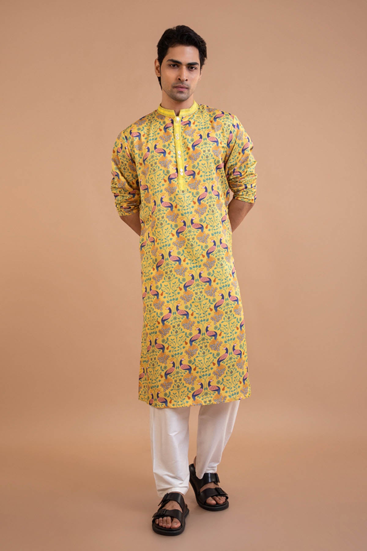 Yellow Peacock Print Kurta Set