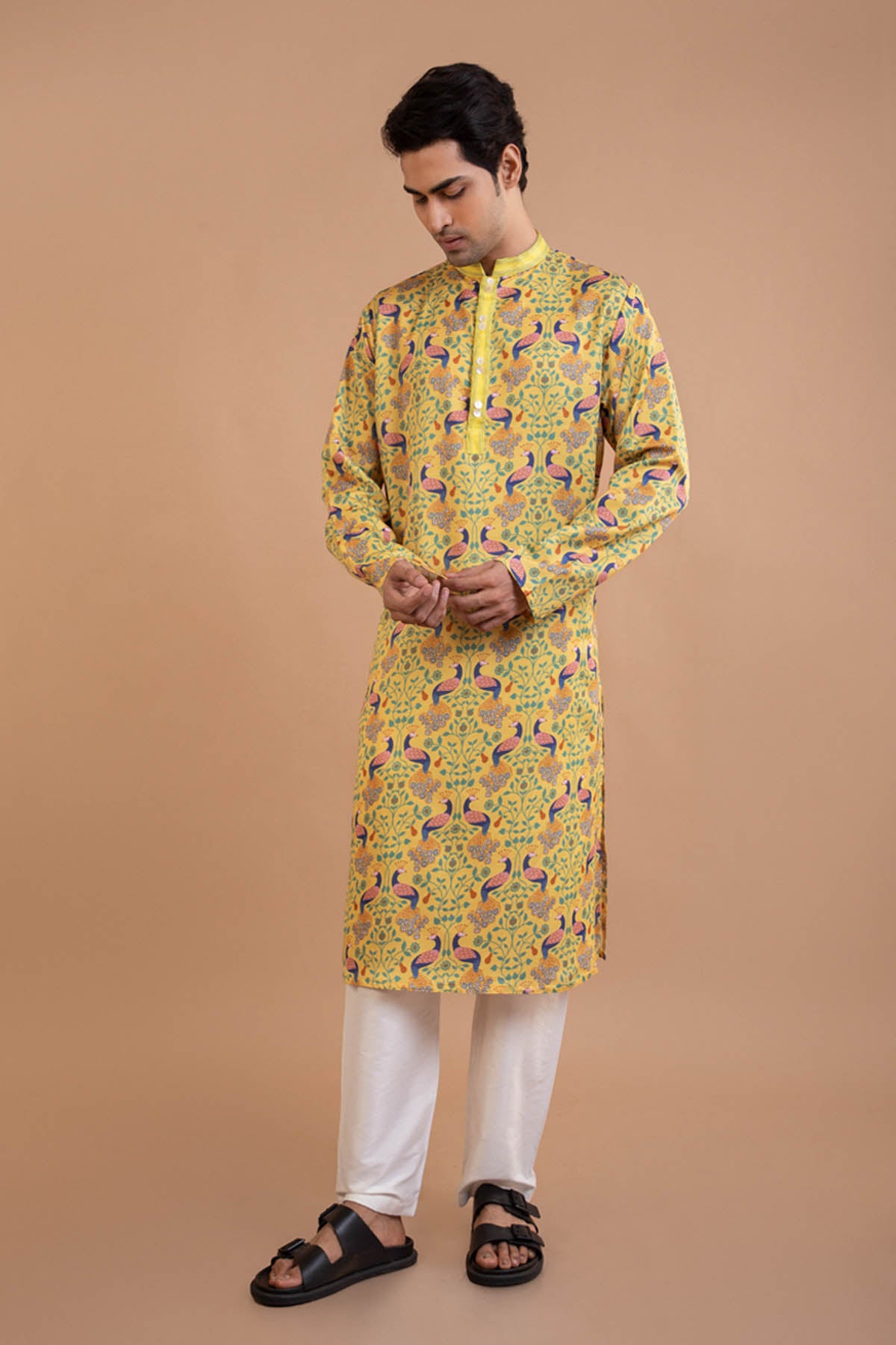 Yellow Peacock Print Kurta Set