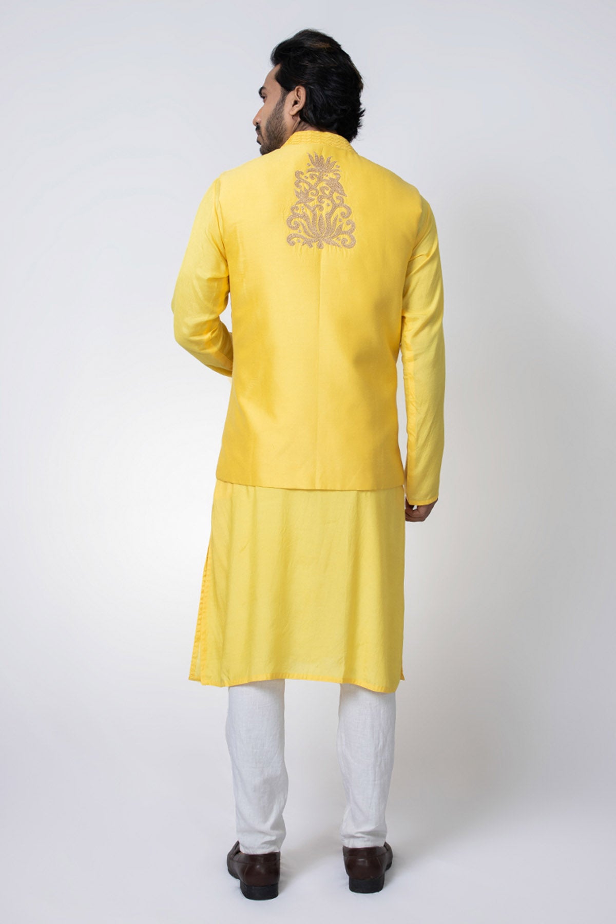 Yellow Pintuck Embroidered Bundi