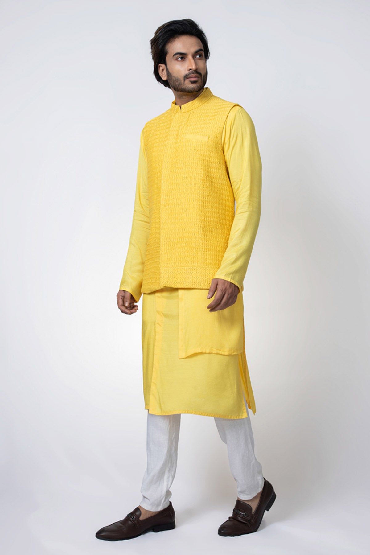 Yellow Pintuck Embroidered Bundi