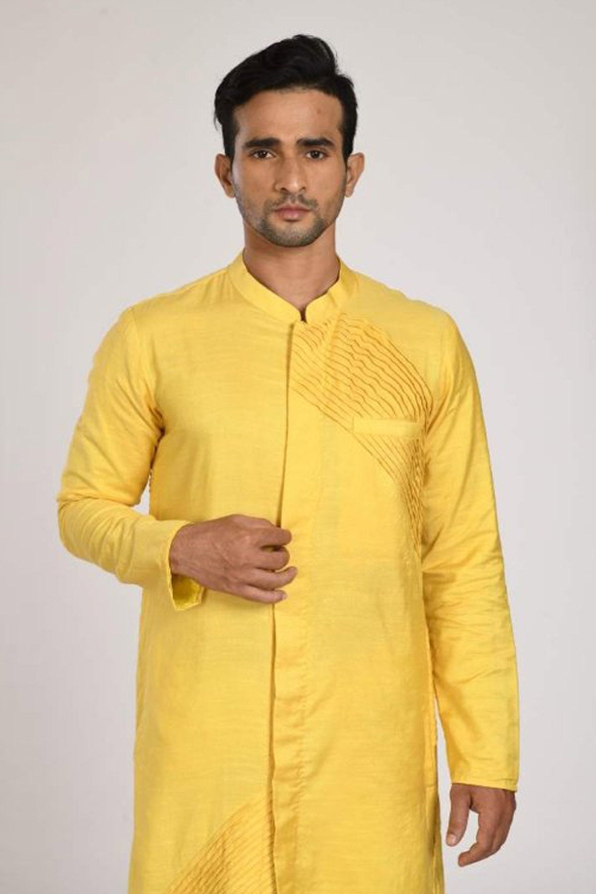 Yellow Pleated Embroidered Kurta Set