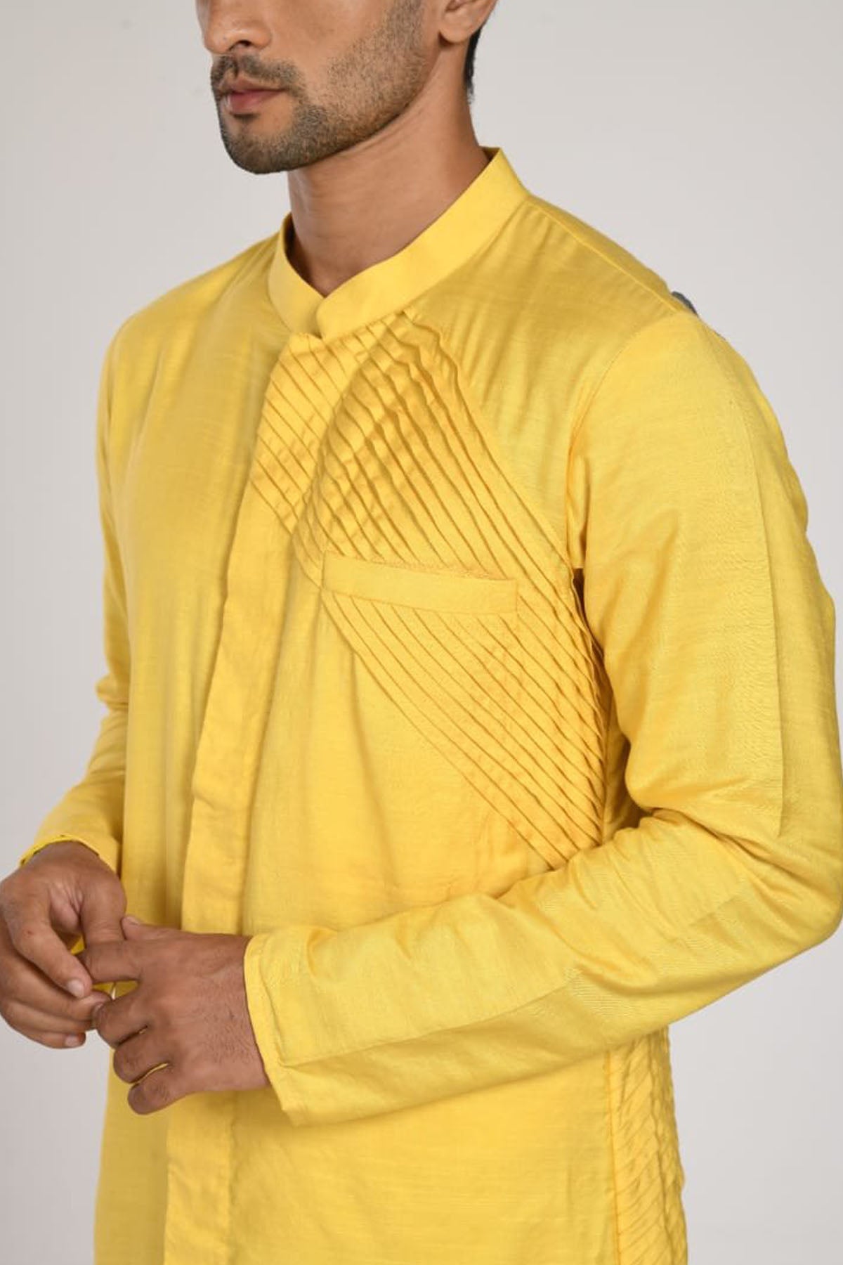 Yellow Pleated Embroidered Kurta Set