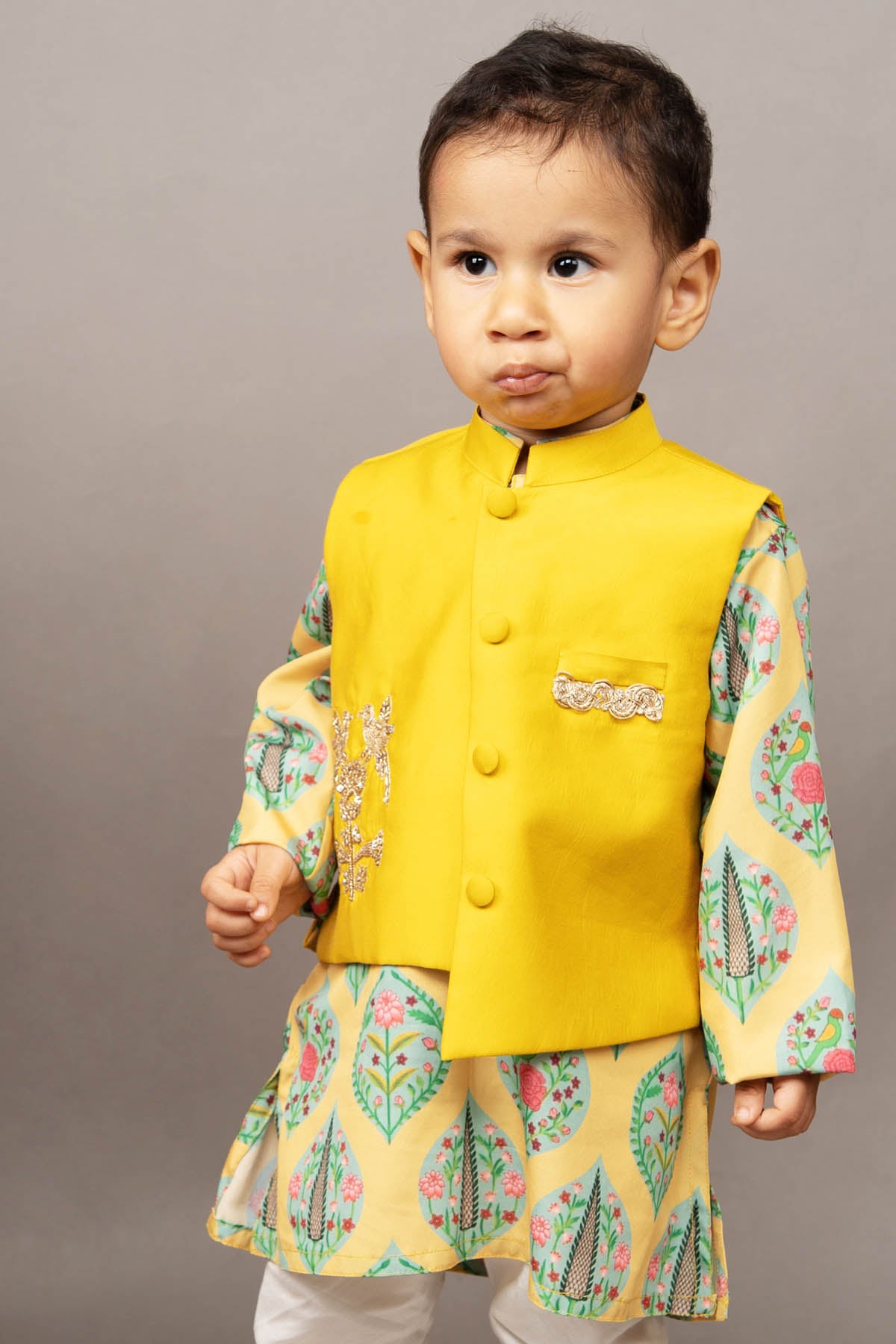 Yellow Print Kurta Set & Jacket