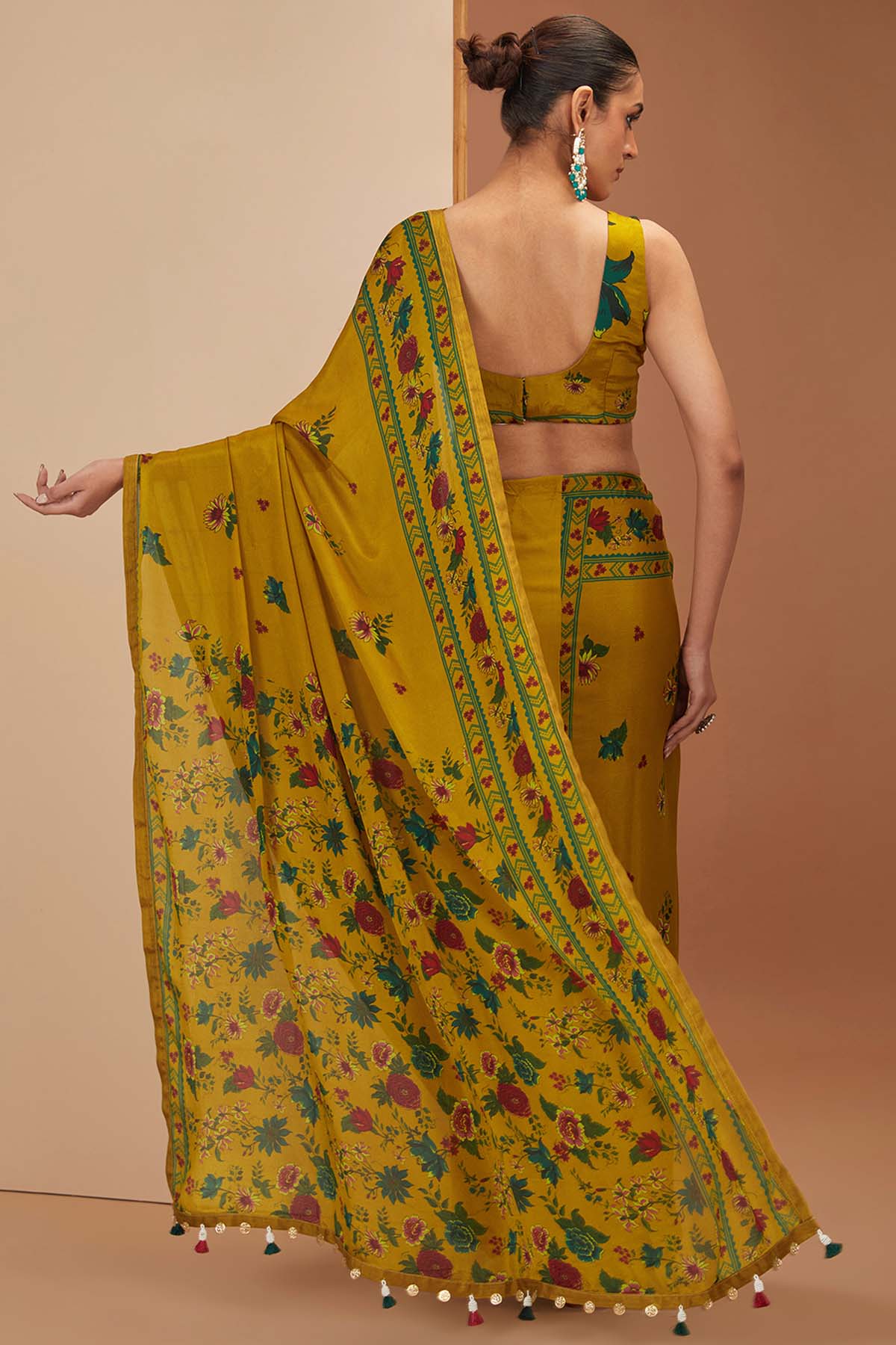 Yellow Printed Saree & Blouse