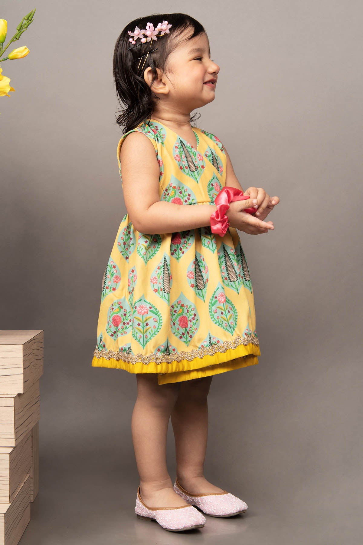 Yellow Printed Sleeveless Dress