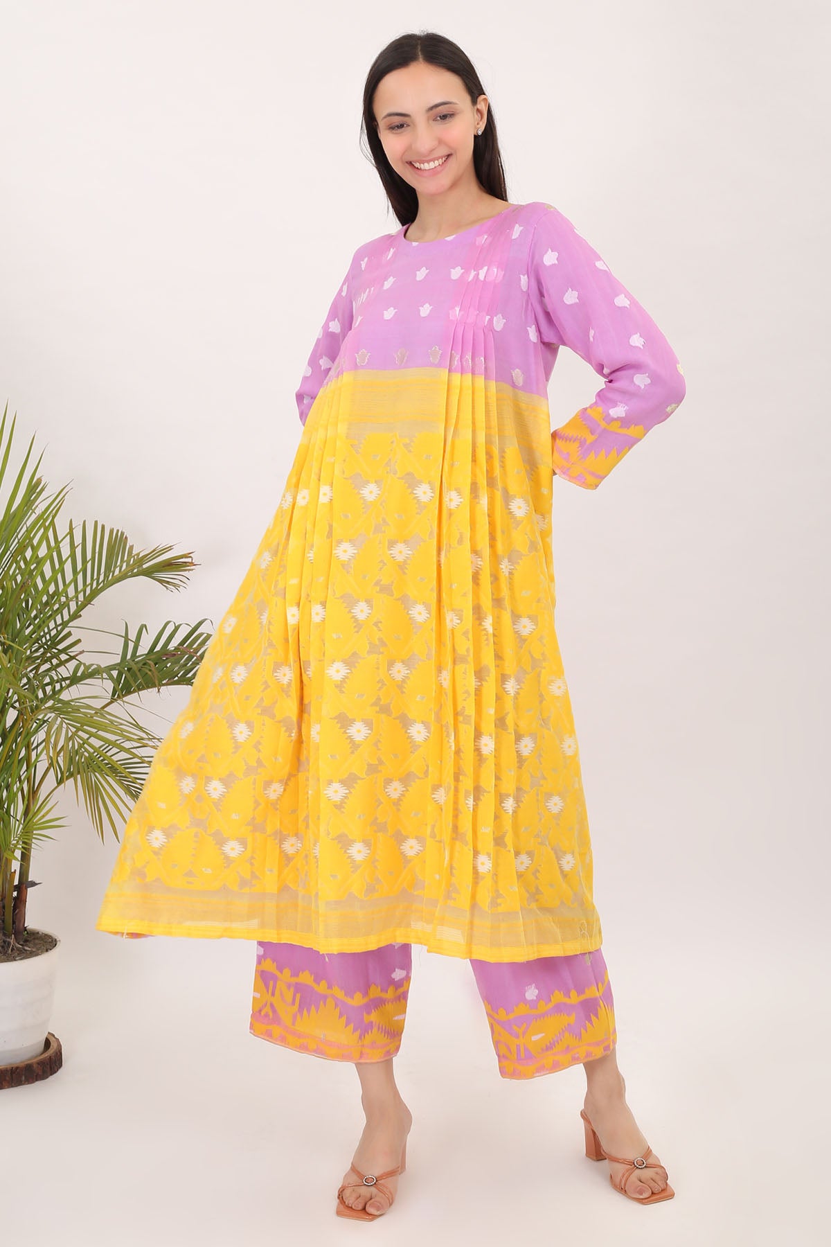 Yellow Purple Cotton Kurta Set