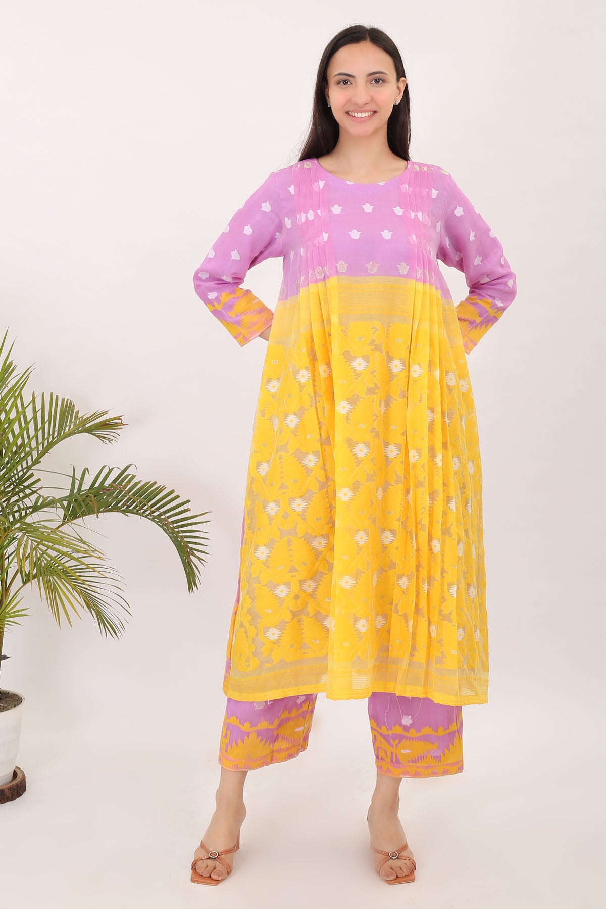 Yellow Purple Cotton Kurta Set