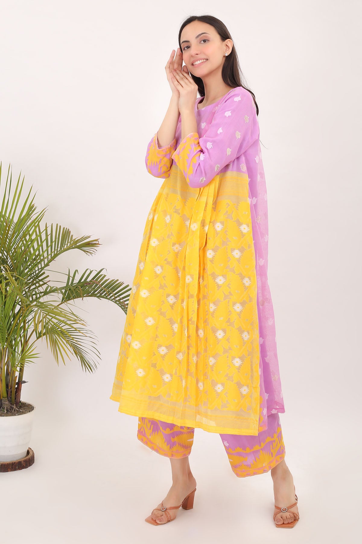 Yellow Purple Cotton Kurta Set