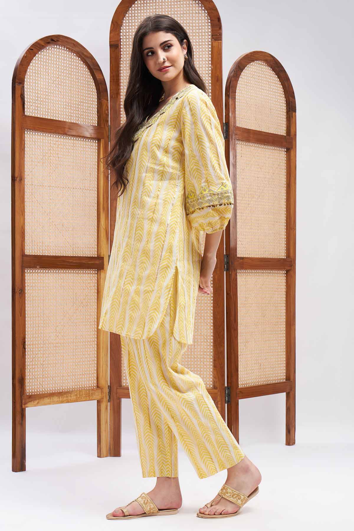 Yellow Resham Work Kurta & Pants