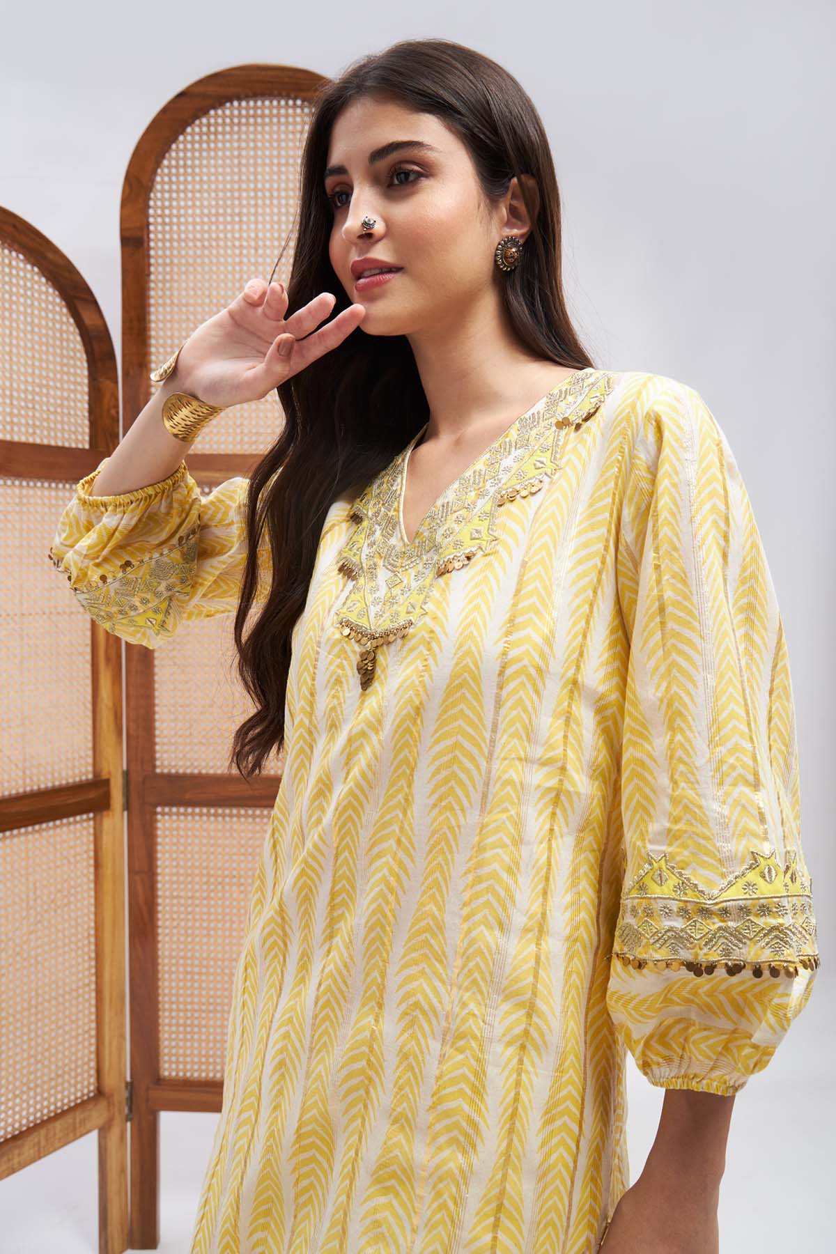 Yellow Resham Work Kurta & Pants