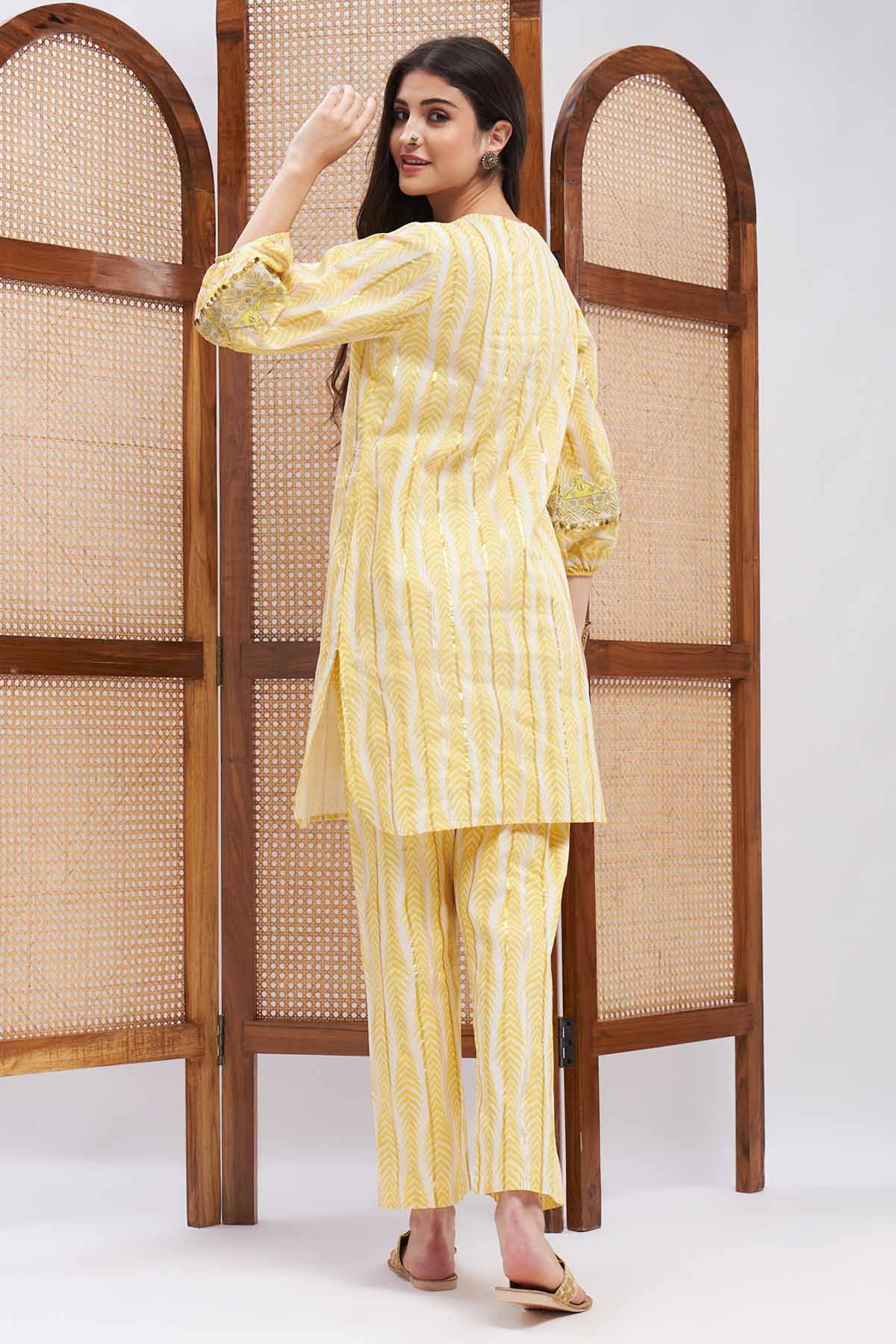 Yellow Resham Work Kurta & Pants