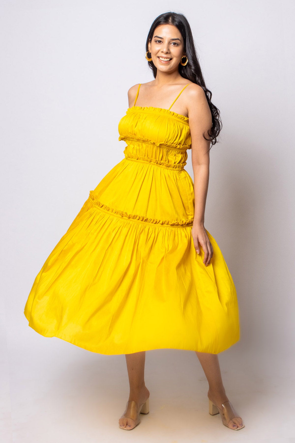 Yellow Ruched Mini Cotton Dress