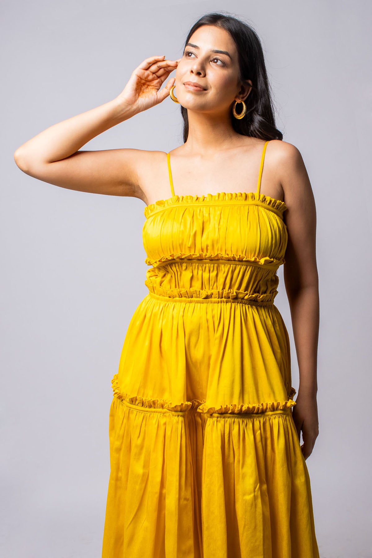 Yellow Ruched Mini Cotton Dress