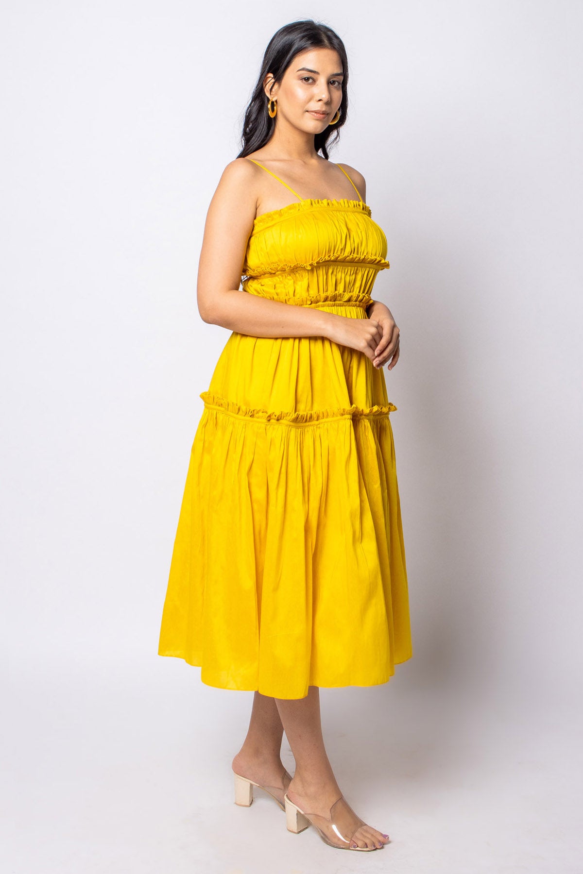 Yellow Ruched Mini Cotton Dress