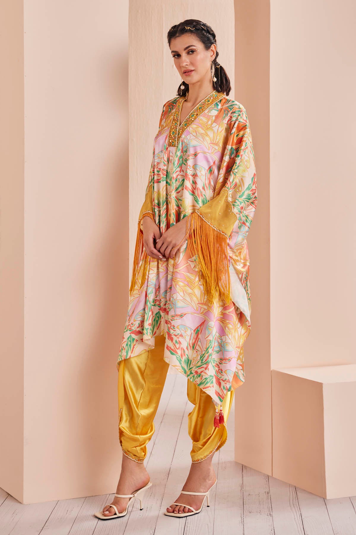 Yellow Satin Embroidered Kaftan Set