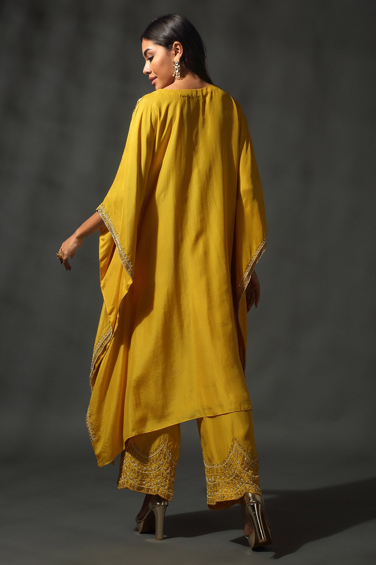Yellow Silk Sequins Kaftan Set