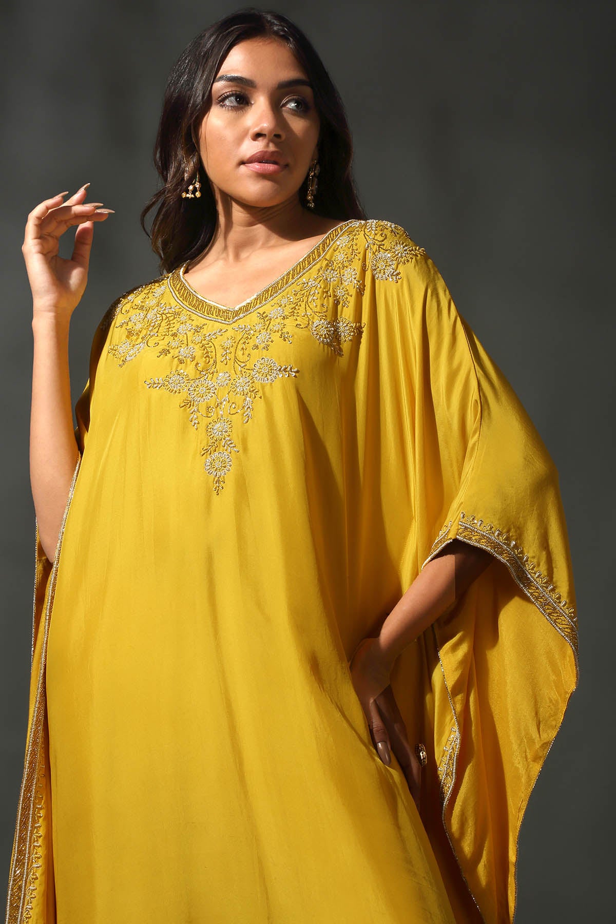 Yellow Silk Sequins Kaftan Set
