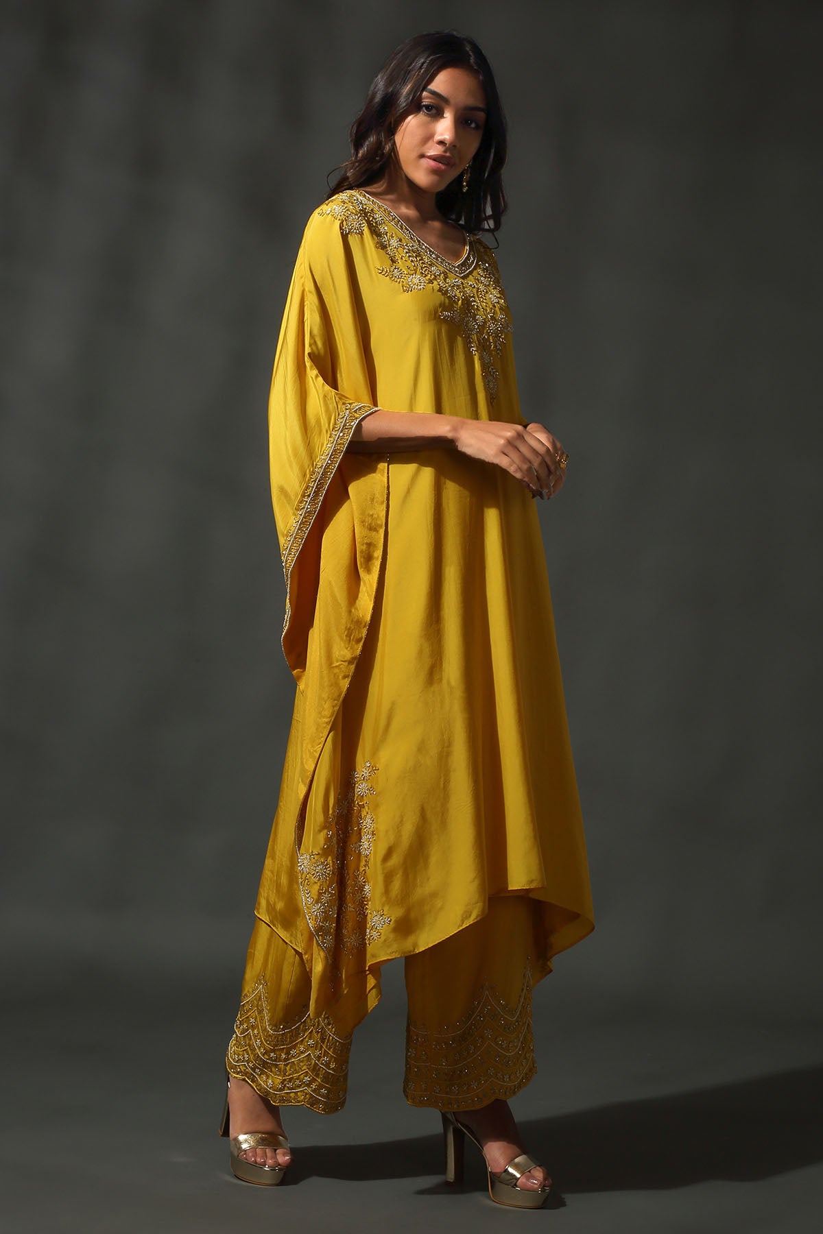 Yellow Silk Sequins Kaftan Set