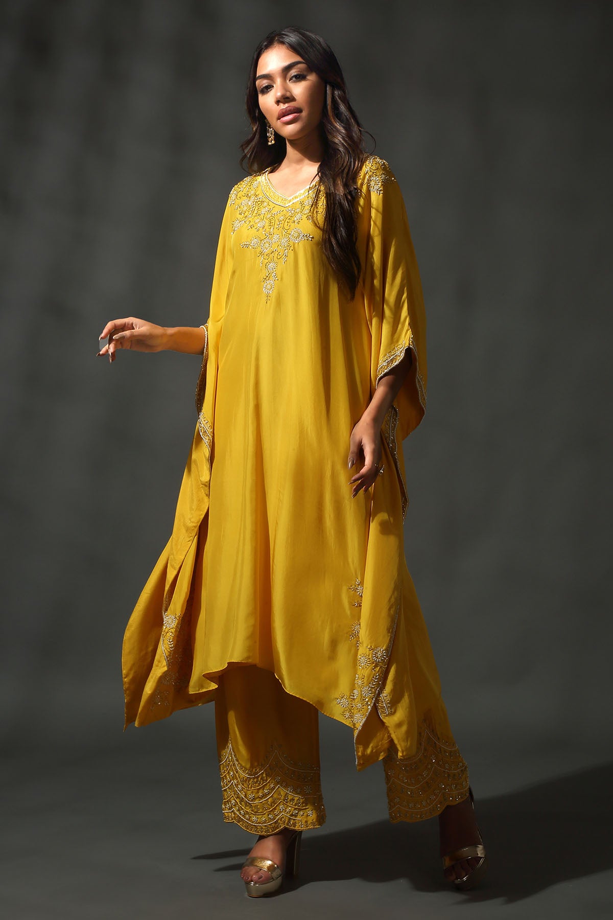 Yellow Silk Sequins Kaftan Set